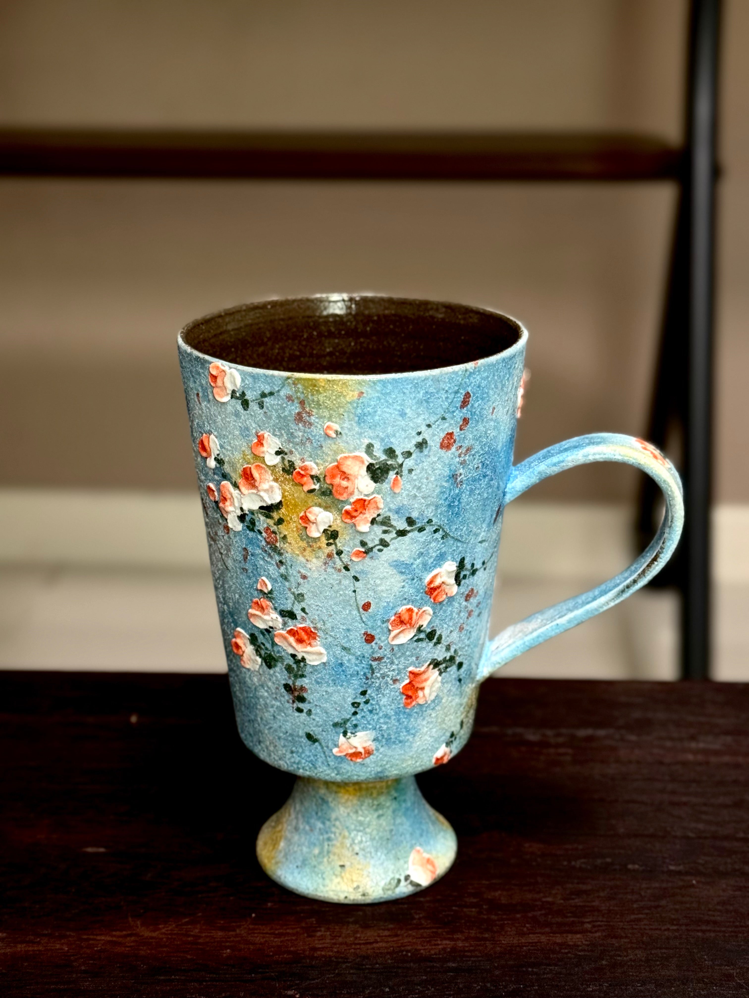 Vintage Oil Painting Sky Blue Background 3D Relief Small Rose Goblet