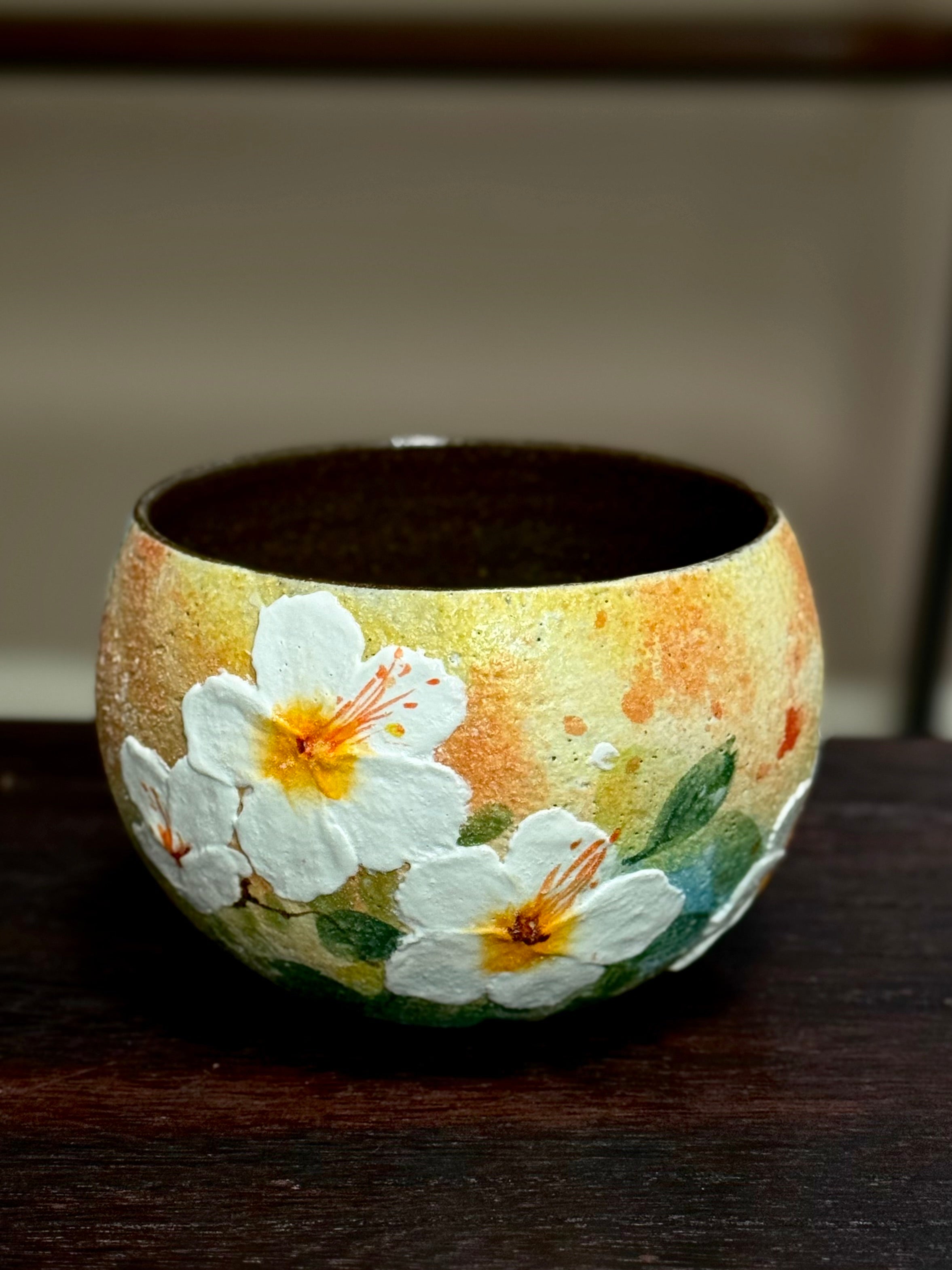 Oil Painting Yellow Background 3D Relief Floral Egg Cup