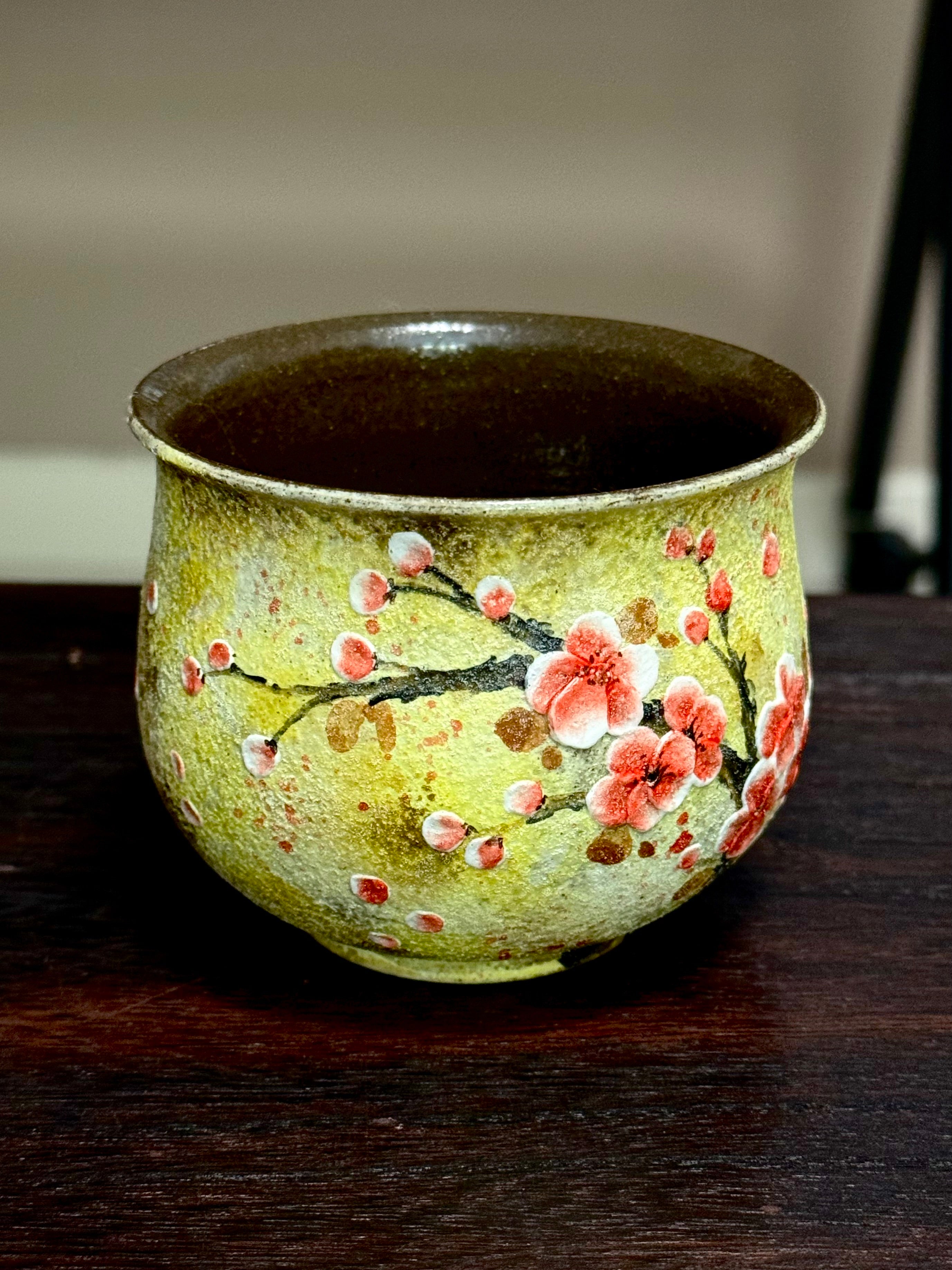 Vintage Oil Painting Yellow Background 3D Relief Red Plum Blossom Egg Cup