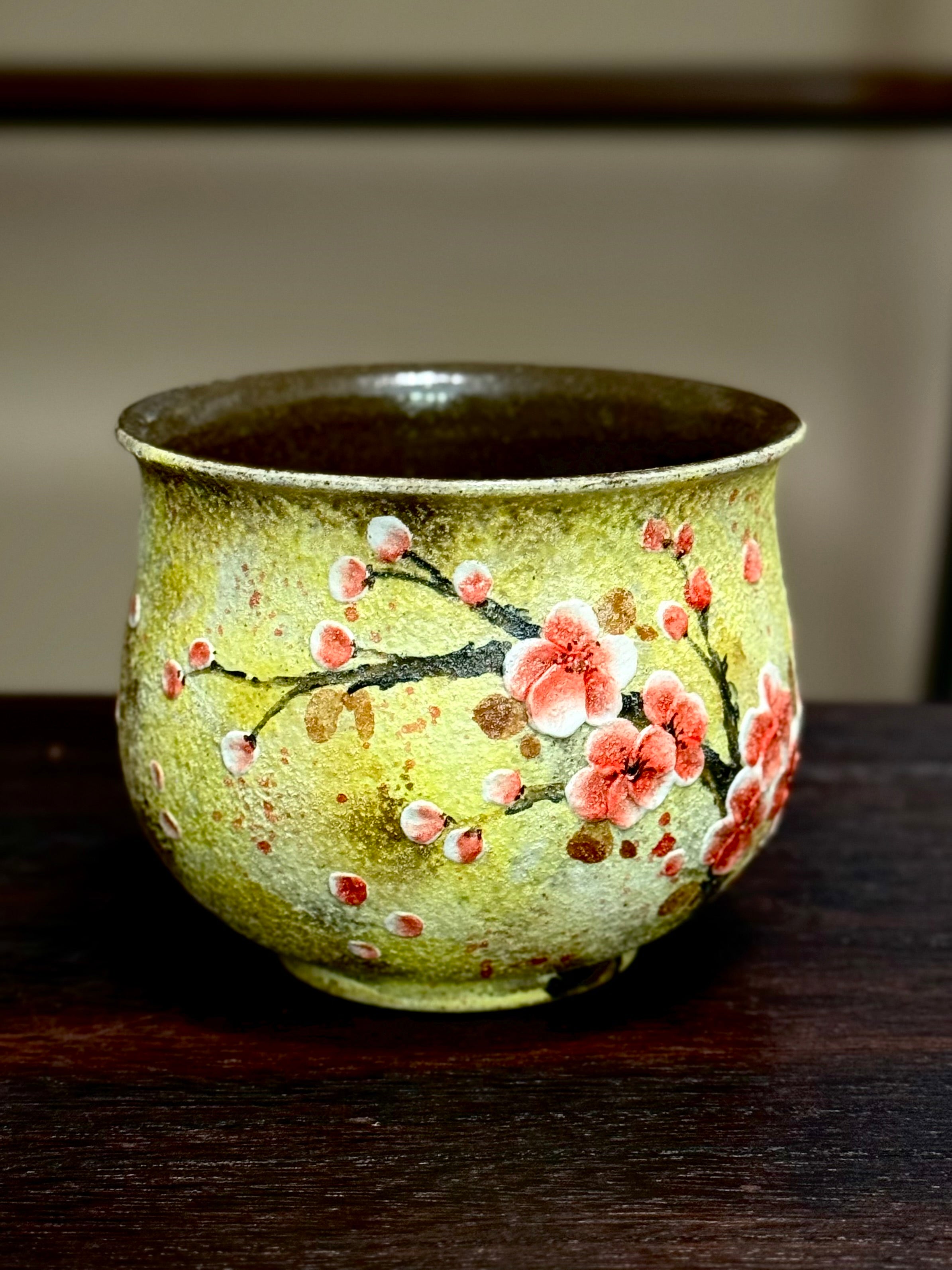 Vintage Oil Painting Yellow Background 3D Relief Red Plum Blossom Egg Cup