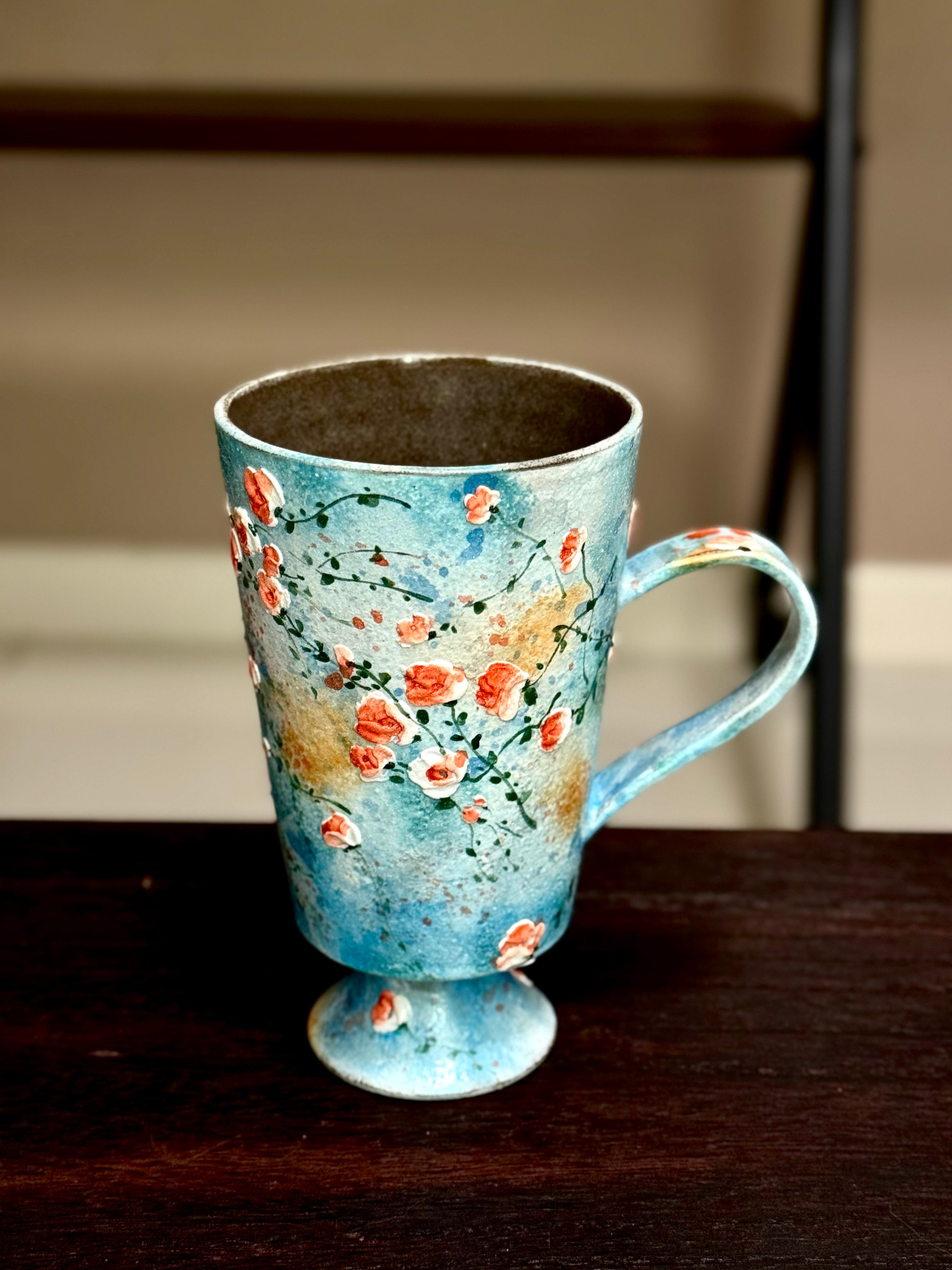 Vintage Oil Painting Sky Blue Background 3D Relief Small Rose Goblet