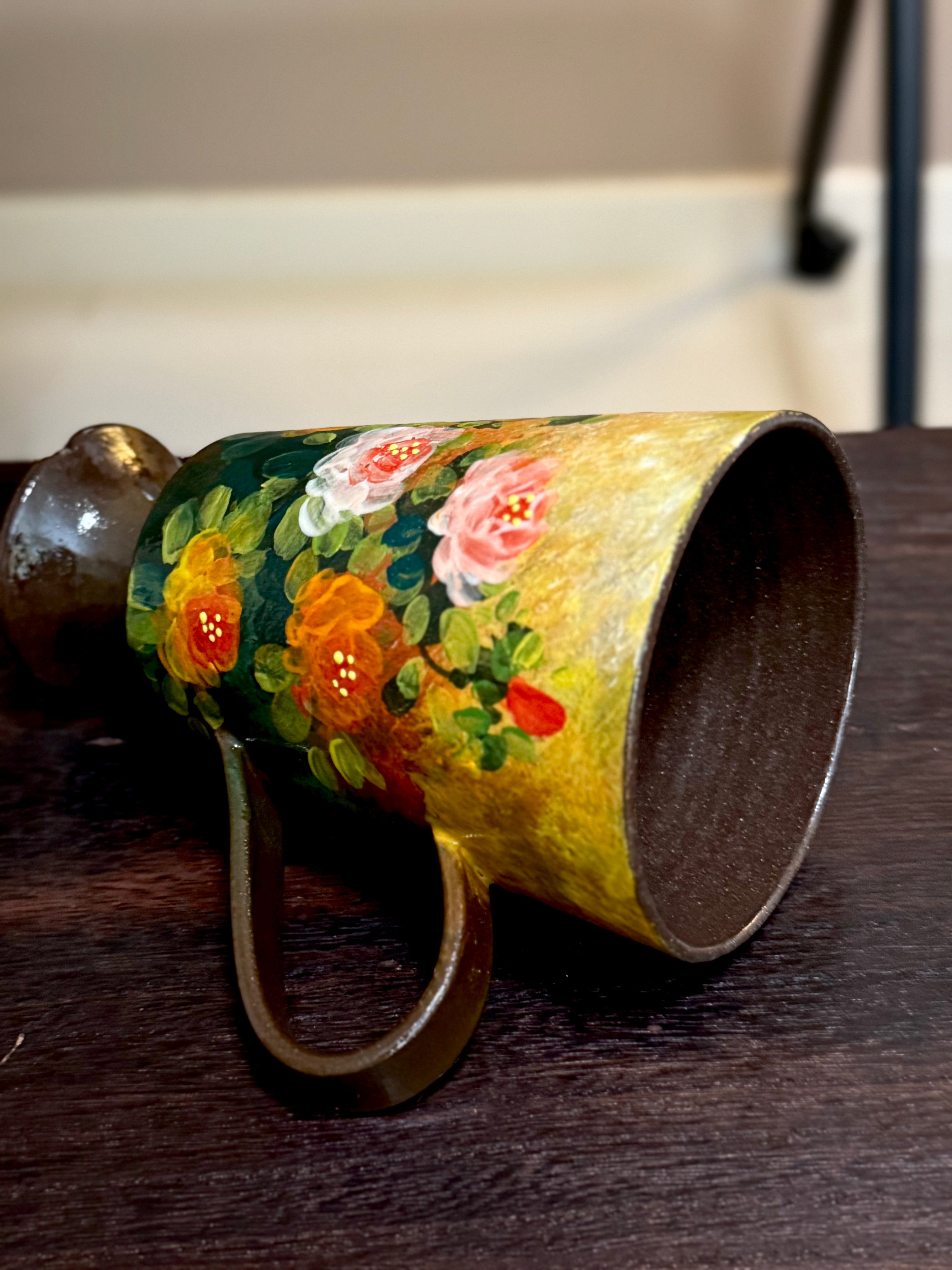 Vintage Oil Painting Style Yellow Background Rose Goblet