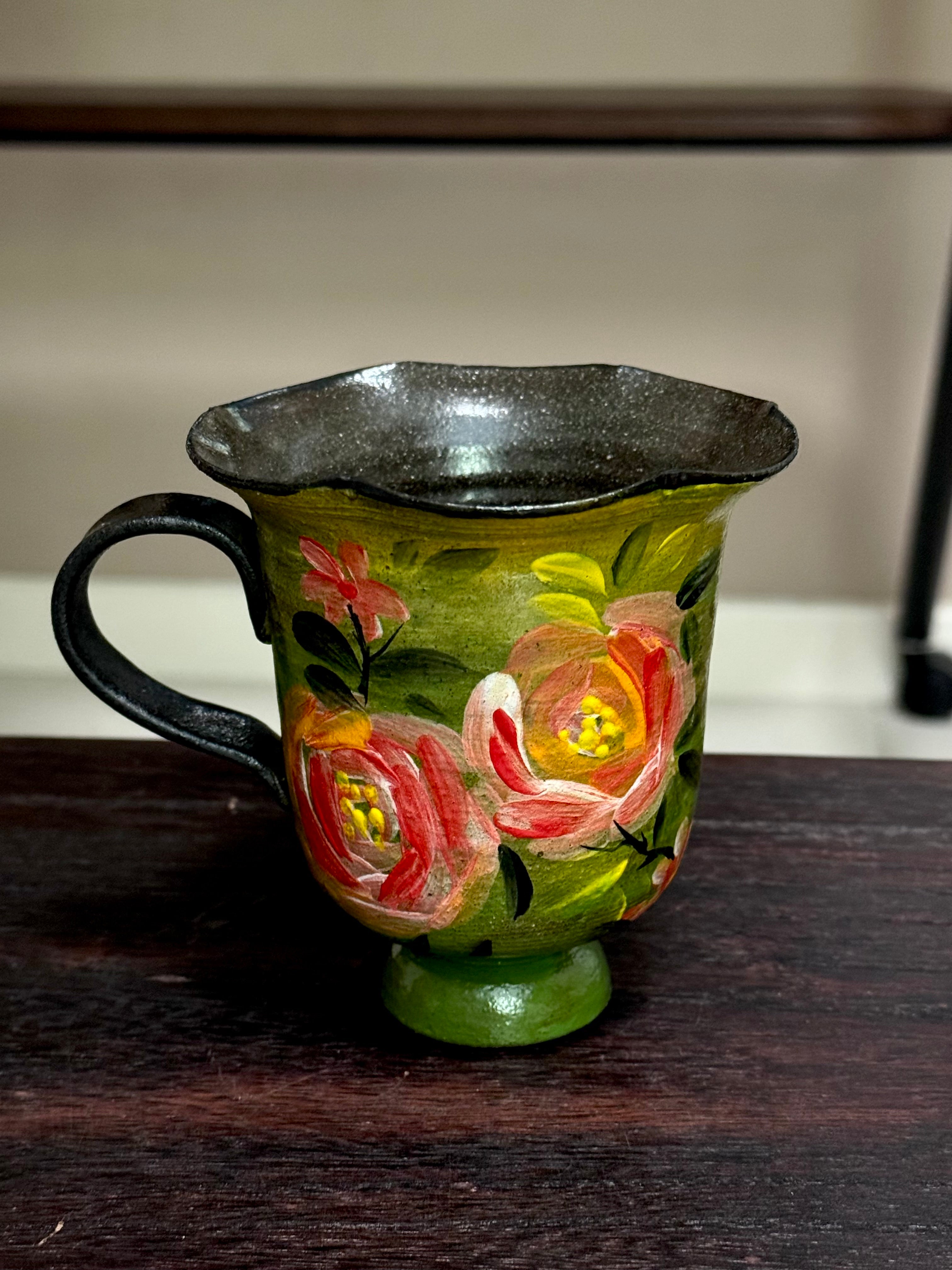 Vintage Oil Painting Green Rose Rim Small Goblet