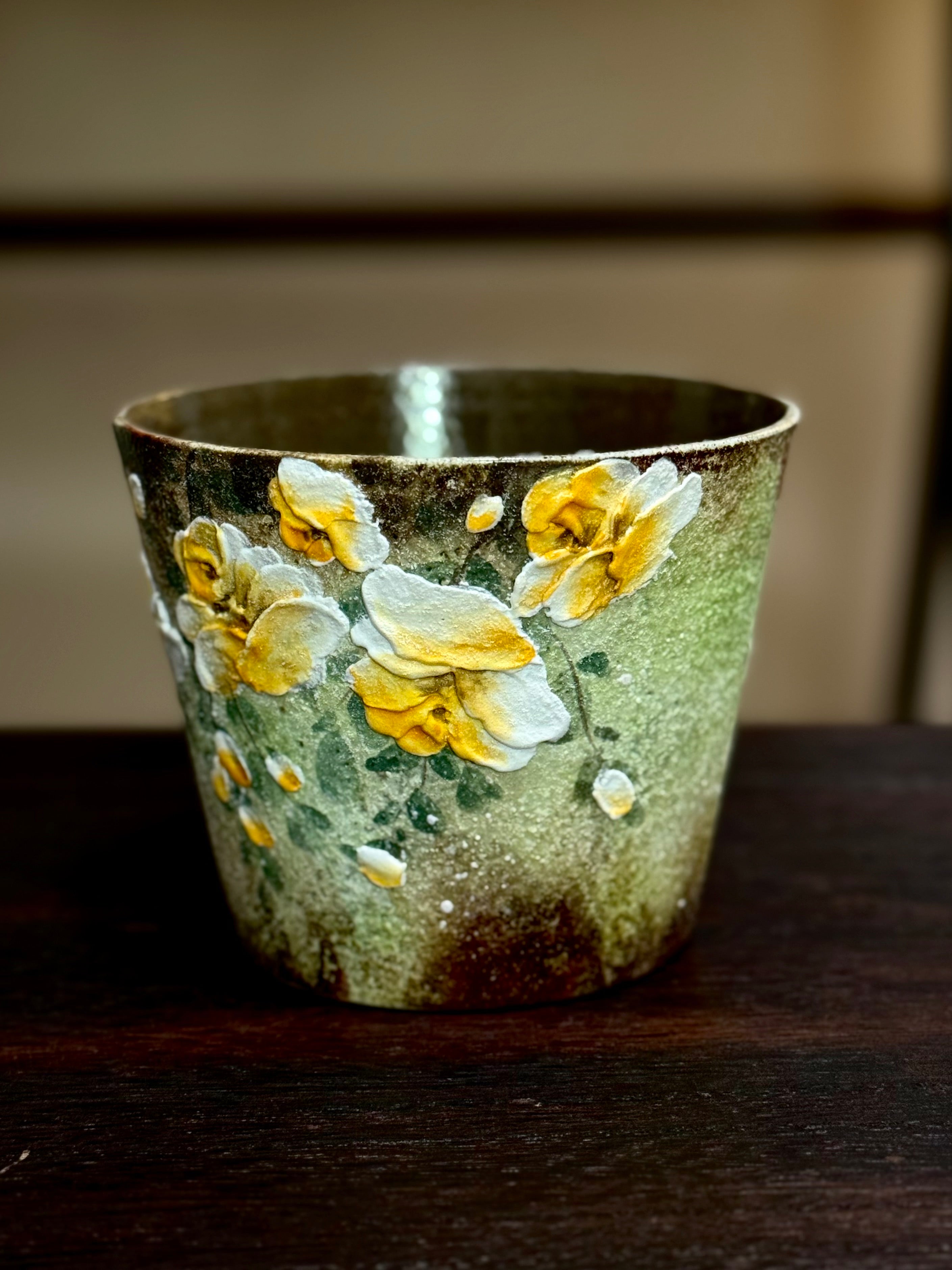 Vintage Green Background 3D Relief Yellow Flower Holding Mug