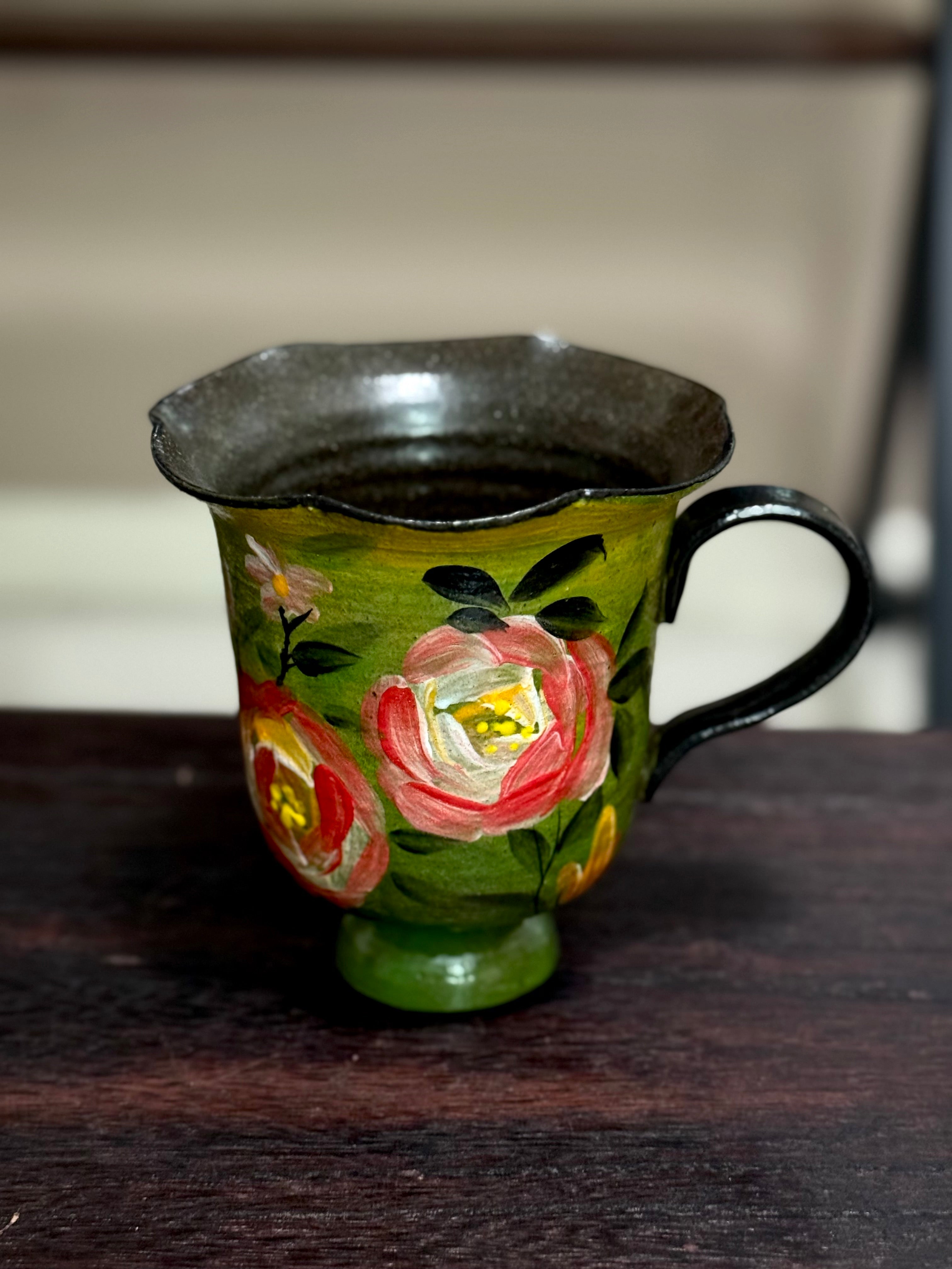 Vintage Oil Painting Green Rose Rim Small Goblet