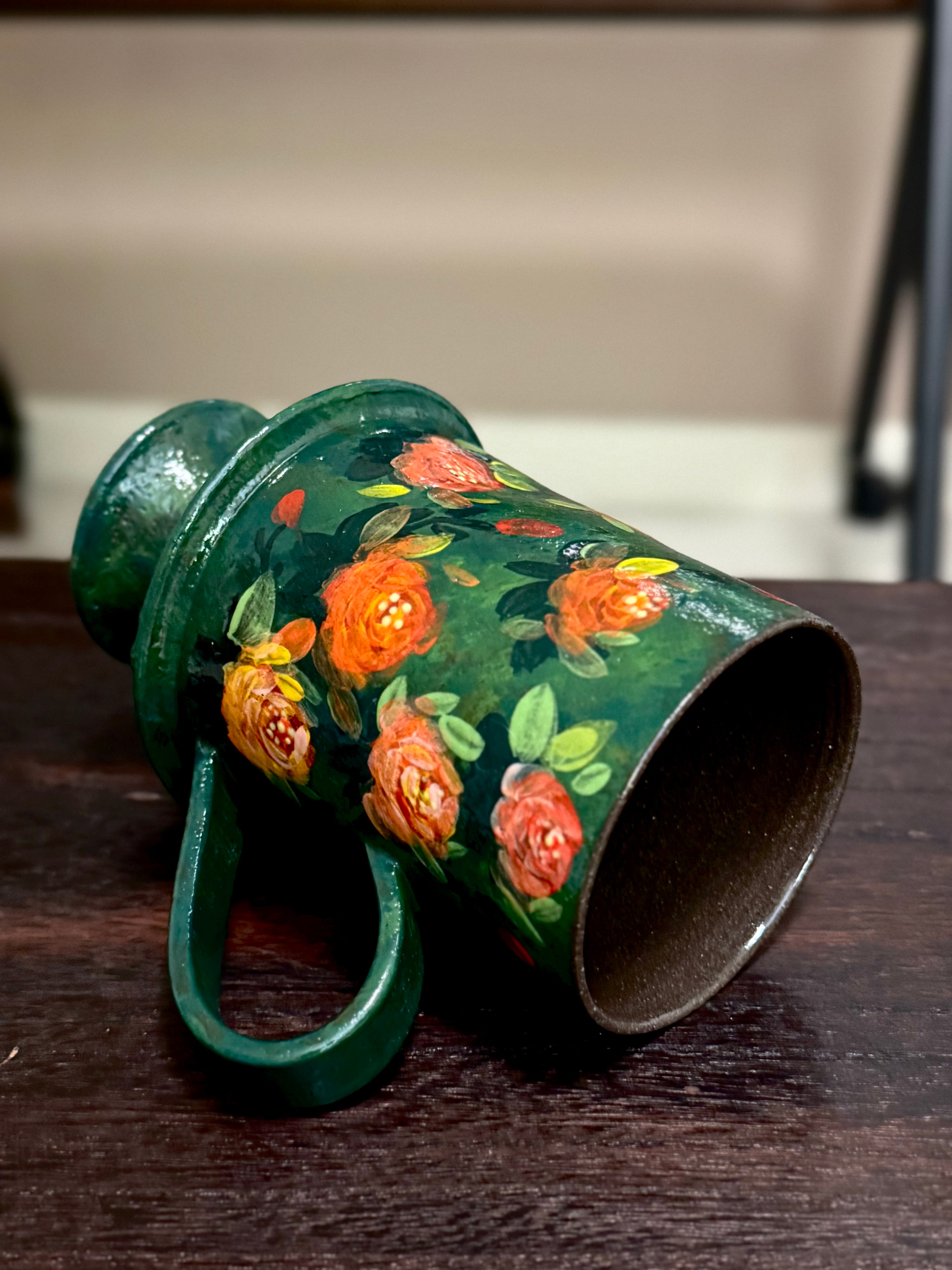 Vintage Oil Painting Style Green Background Rose Skirt Hem Goblet