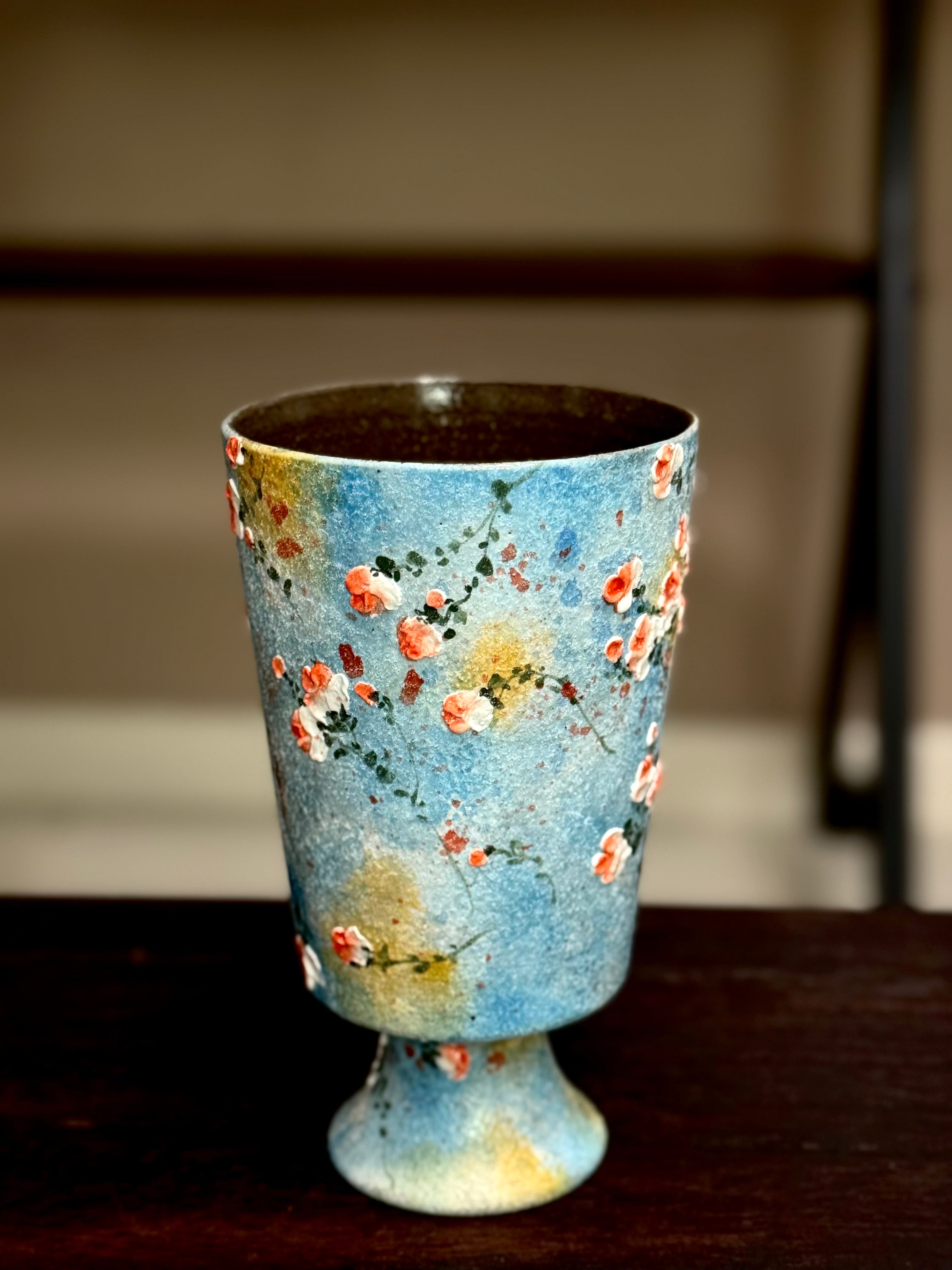 Vintage Oil Painting Sky Blue Background 3D Relief Small Rose Goblet