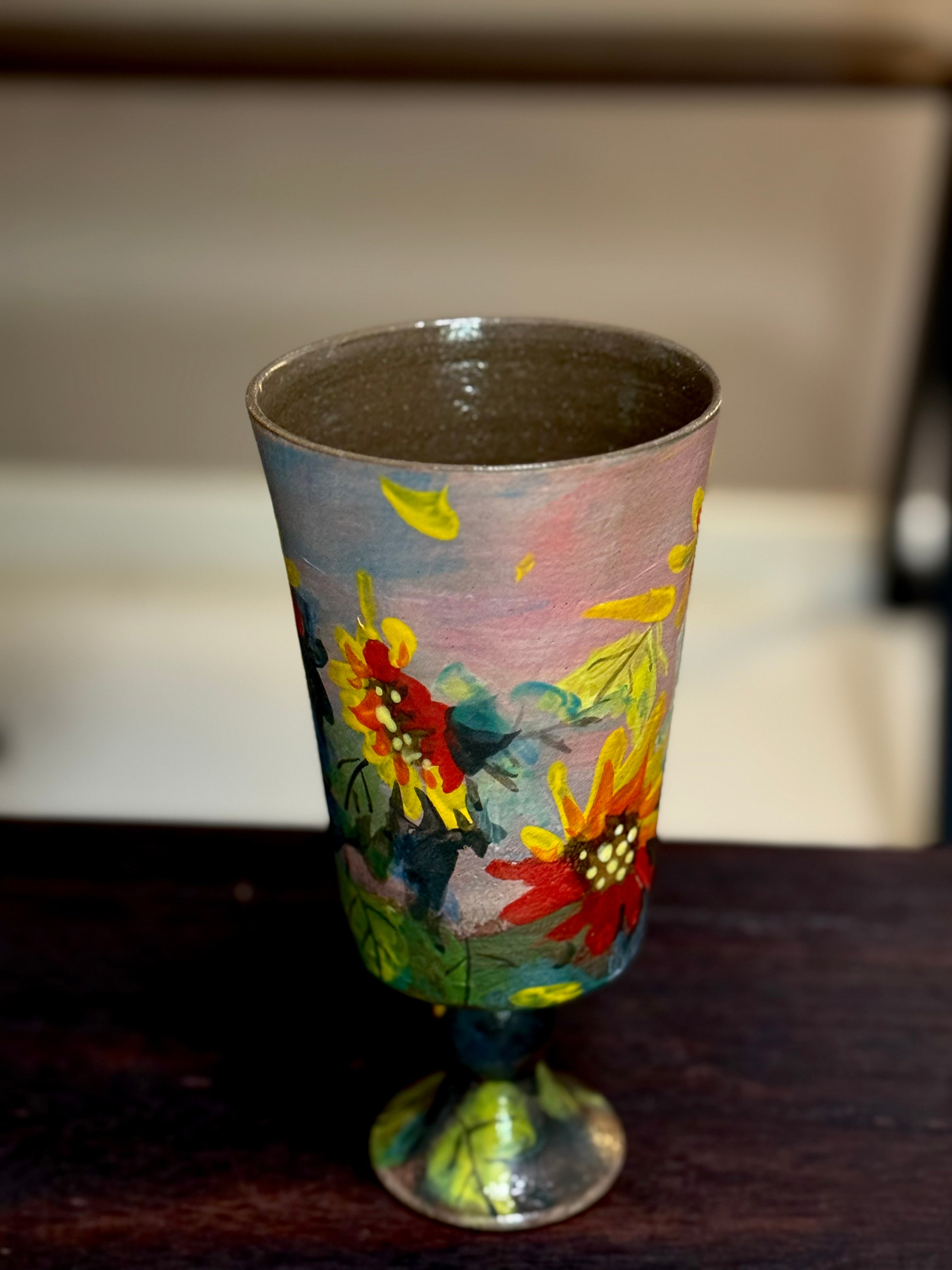 Vintage Oil Painting Style Sunflower Goblet