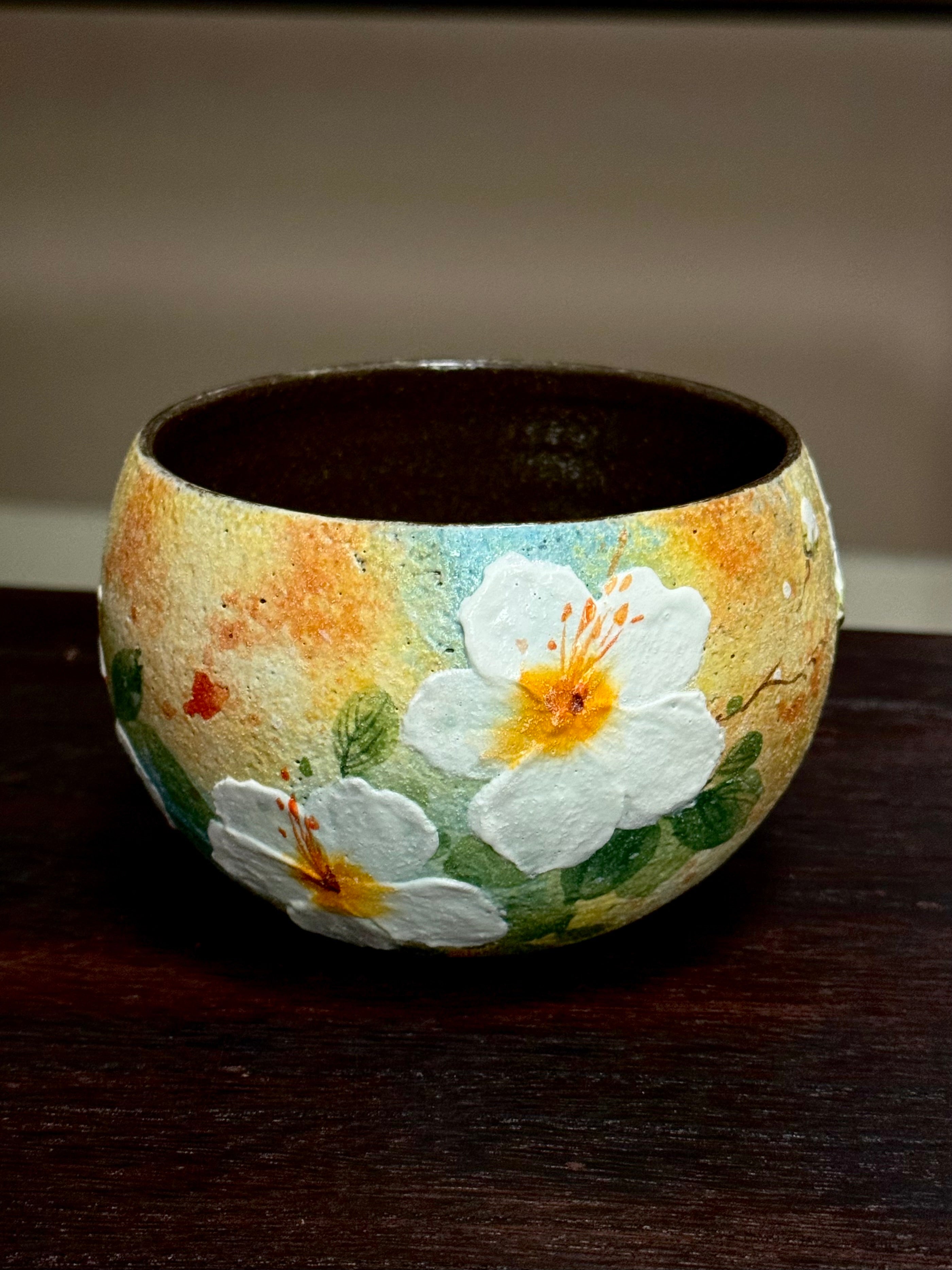 Oil Painting Yellow Background 3D Relief Floral Egg Cup