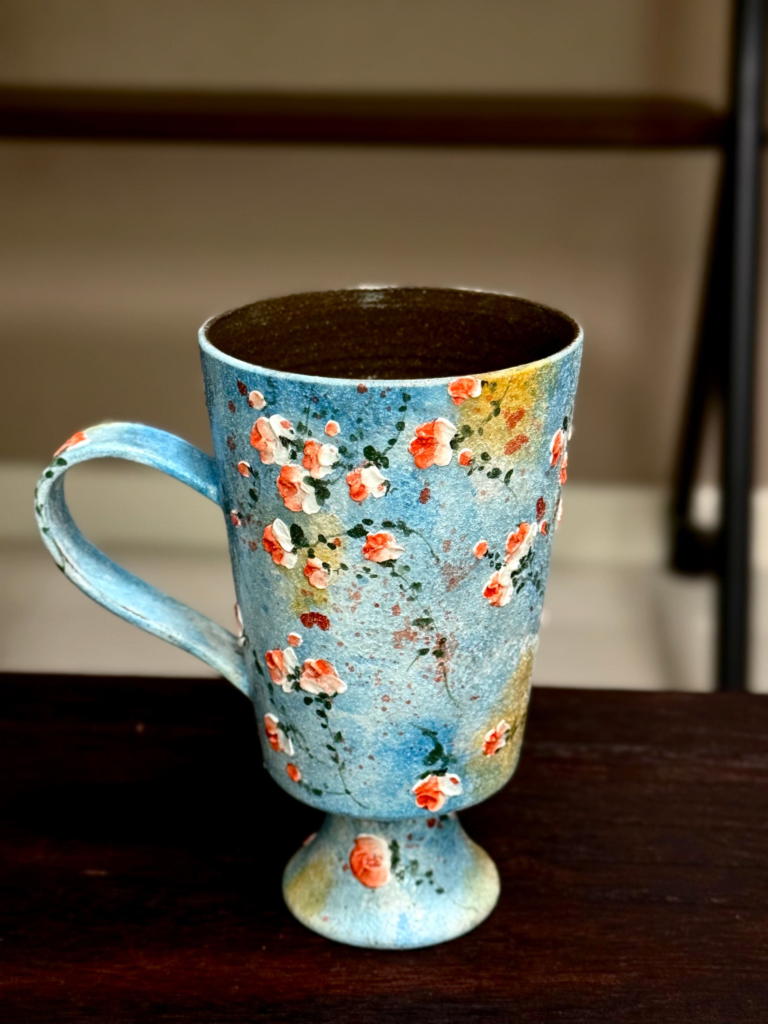 Vintage Oil Painting Sky Blue Background 3D Relief Small Rose Goblet