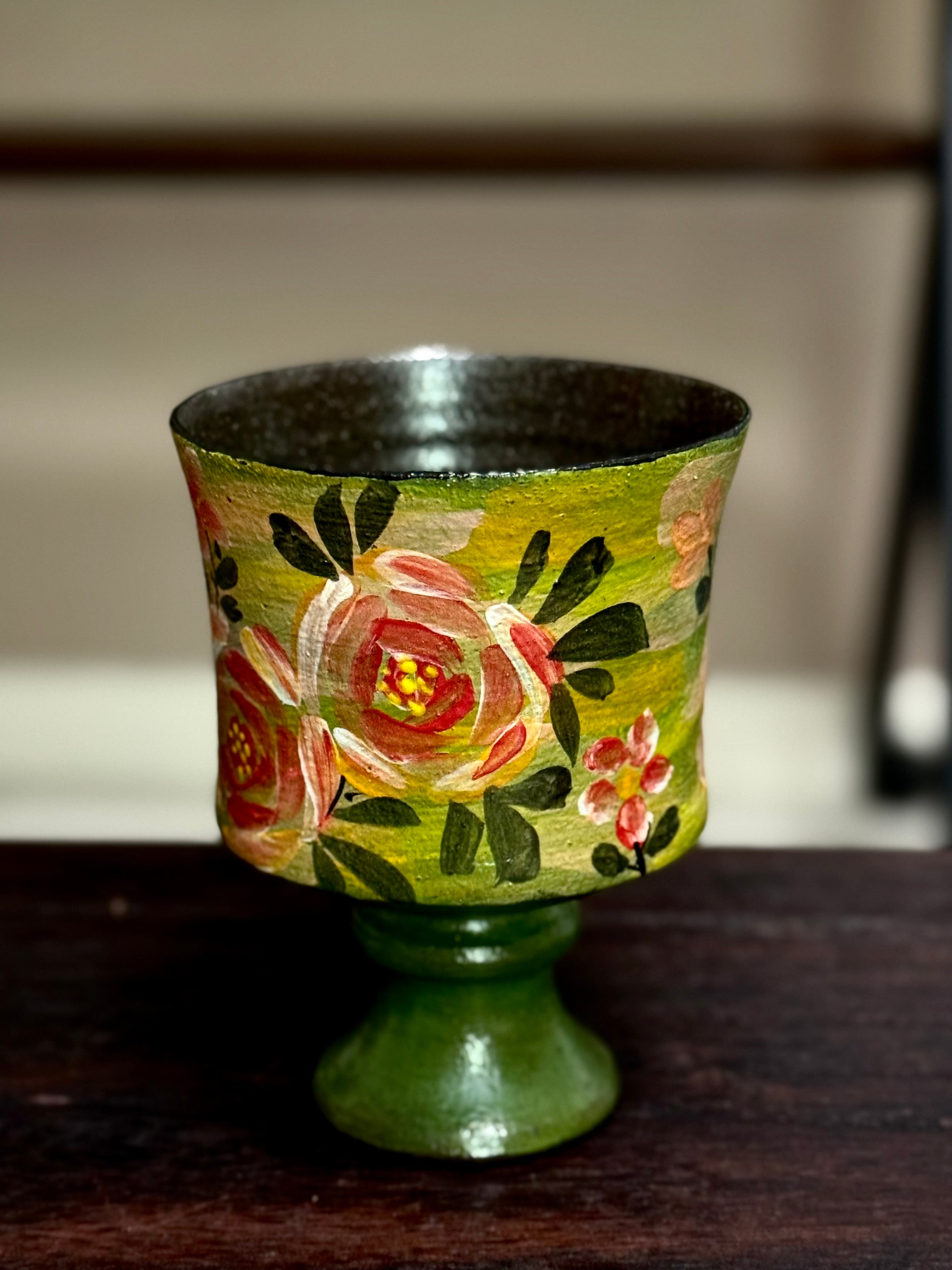 Vintage Oil Painting Green Rose Straight Small Goblet