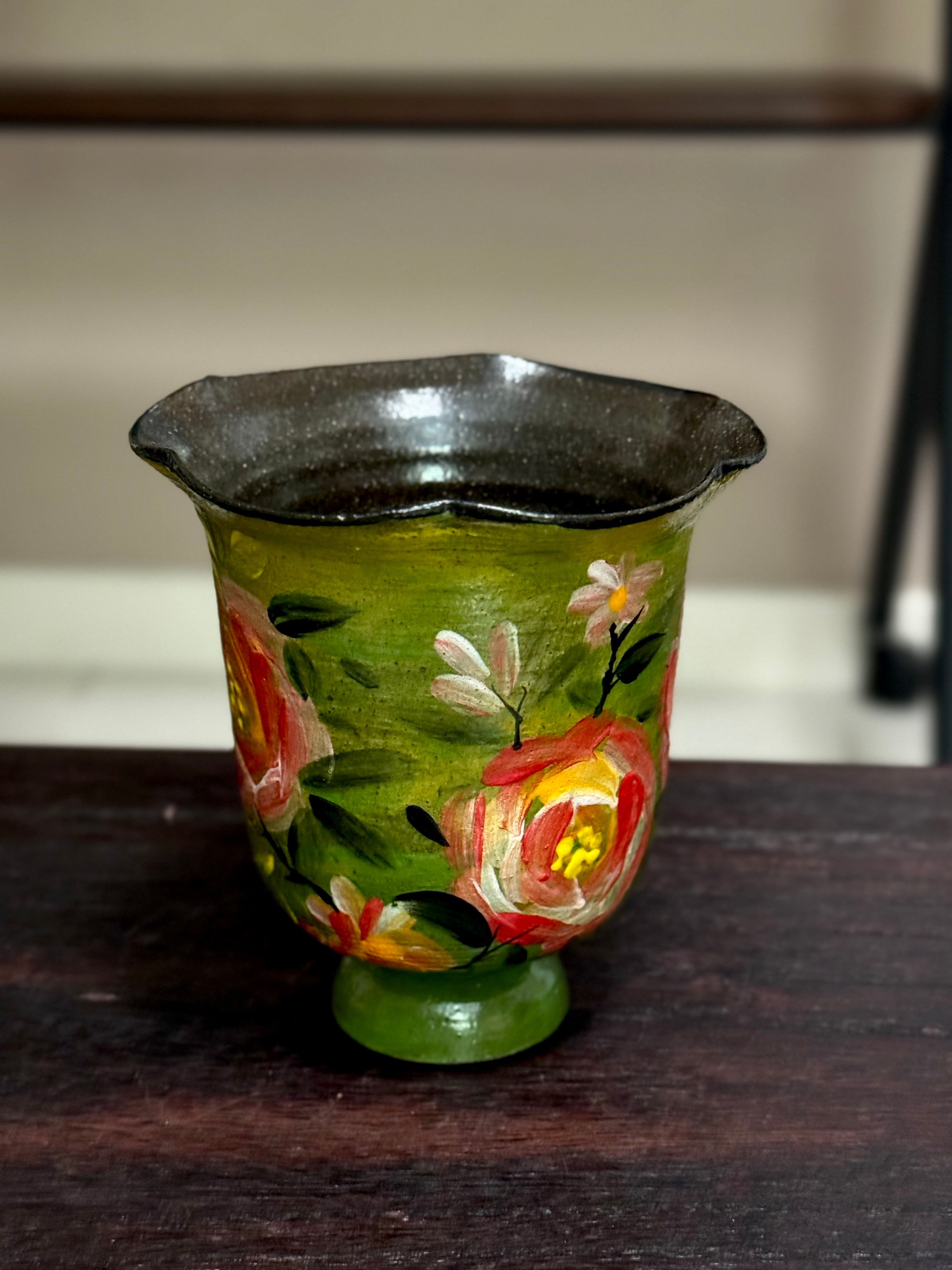 Vintage Oil Painting Green Rose Rim Small Goblet
