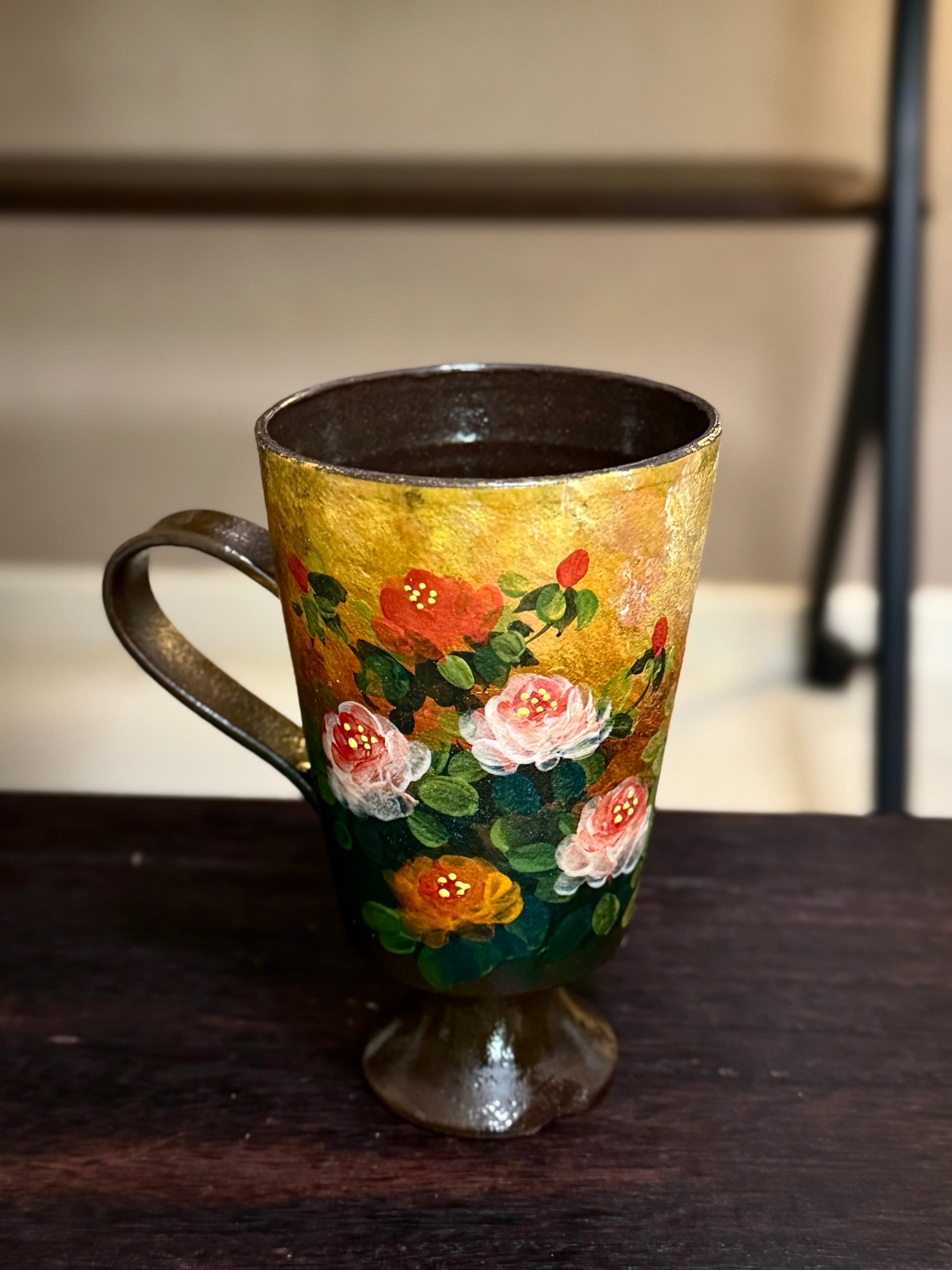 Vintage Oil Painting Style Yellow Background Rose Goblet