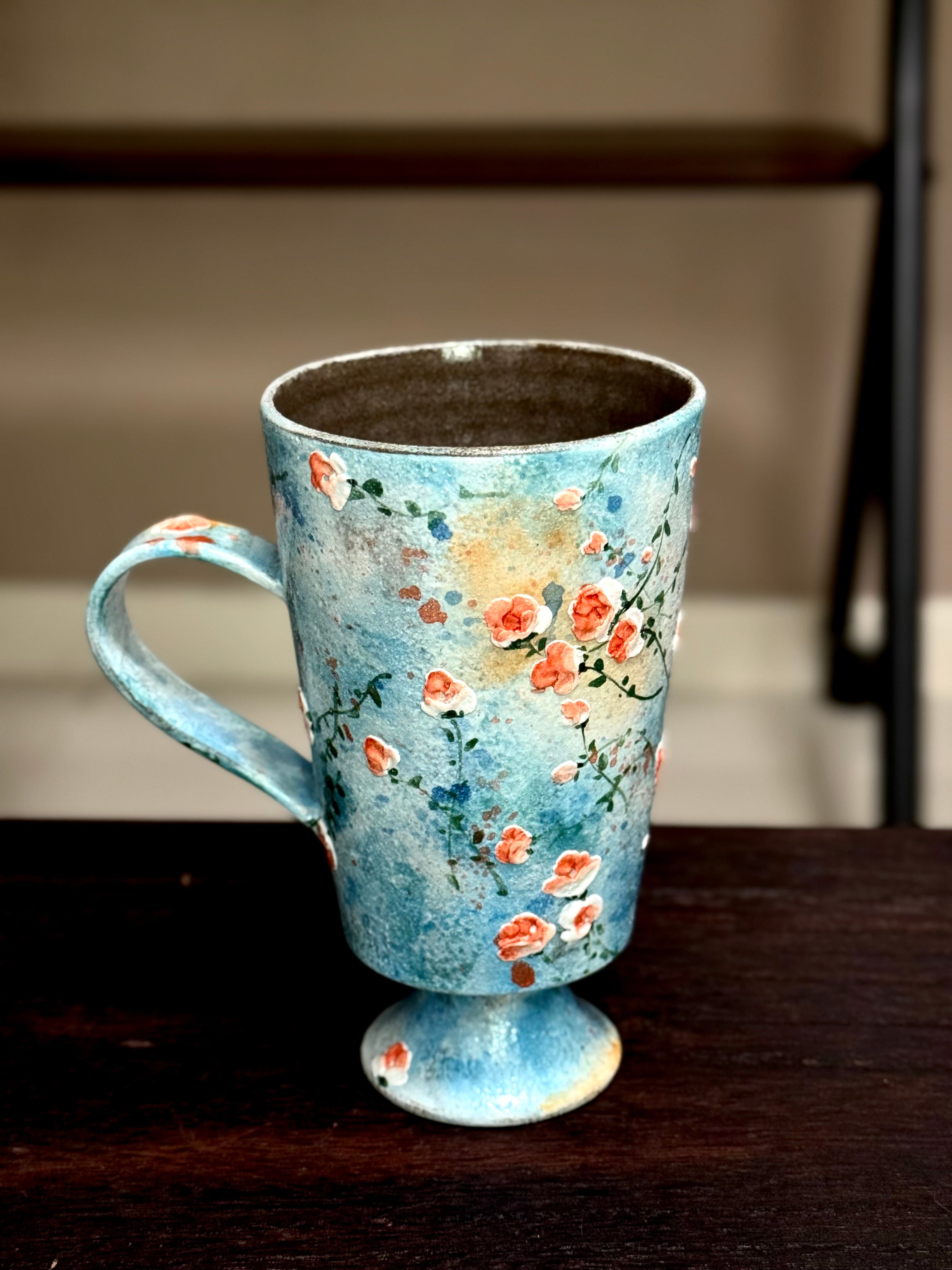 Vintage Oil Painting Sky Blue Background 3D Relief Small Rose Goblet