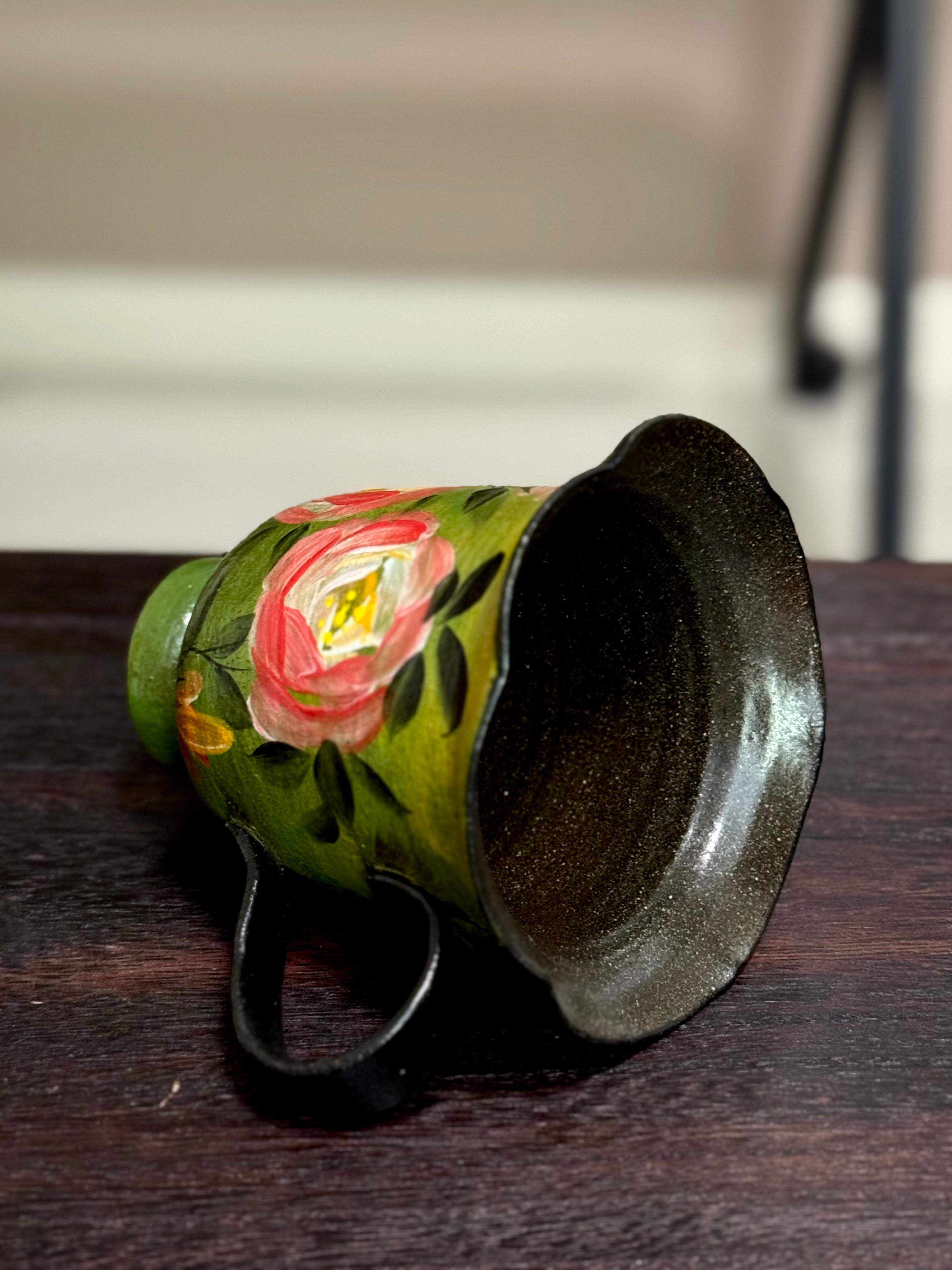 Vintage Oil Painting Green Rose Rim Small Goblet