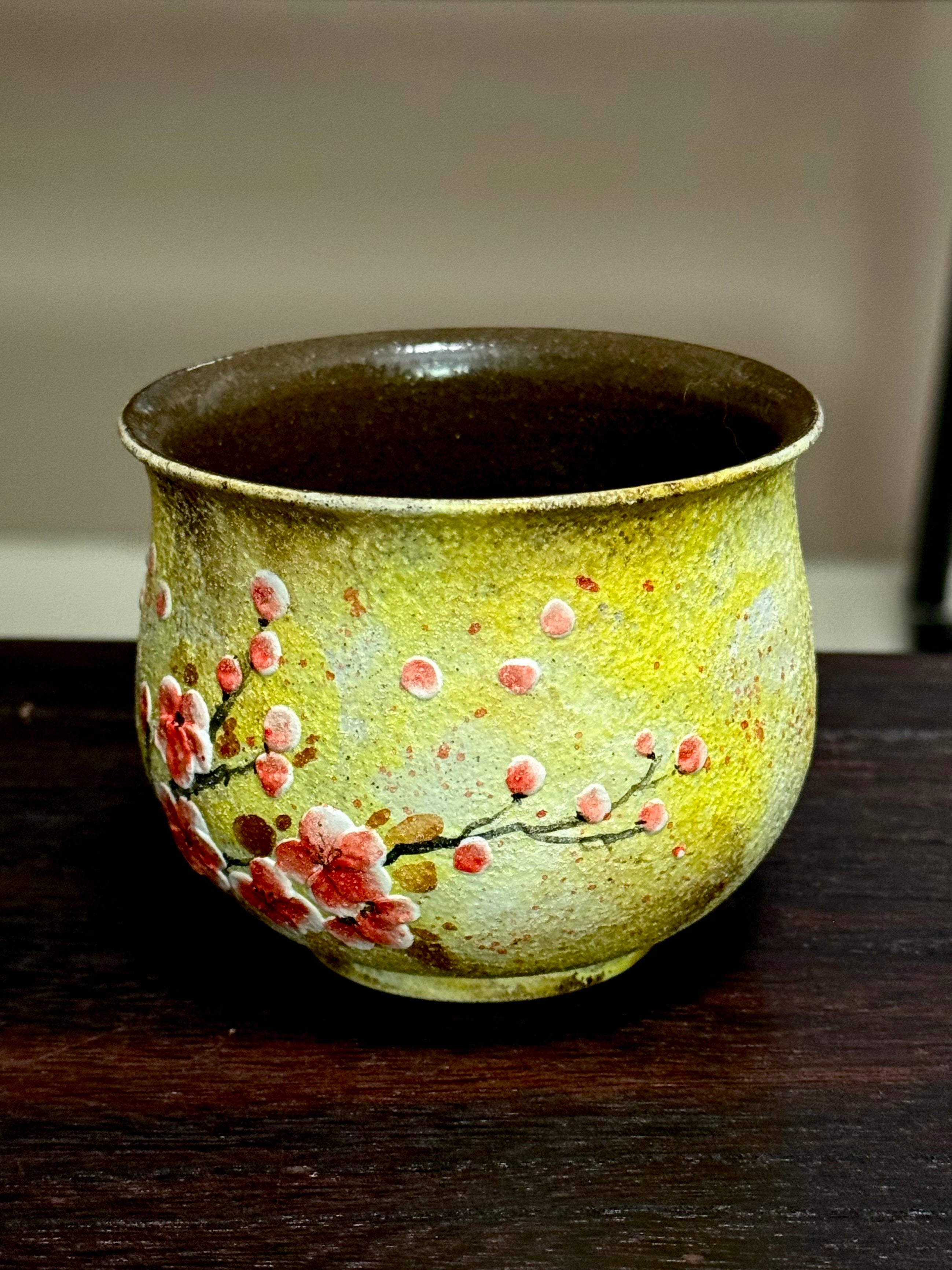 Vintage Oil Painting Yellow Background 3D Relief Red Plum Blossom Egg Cup