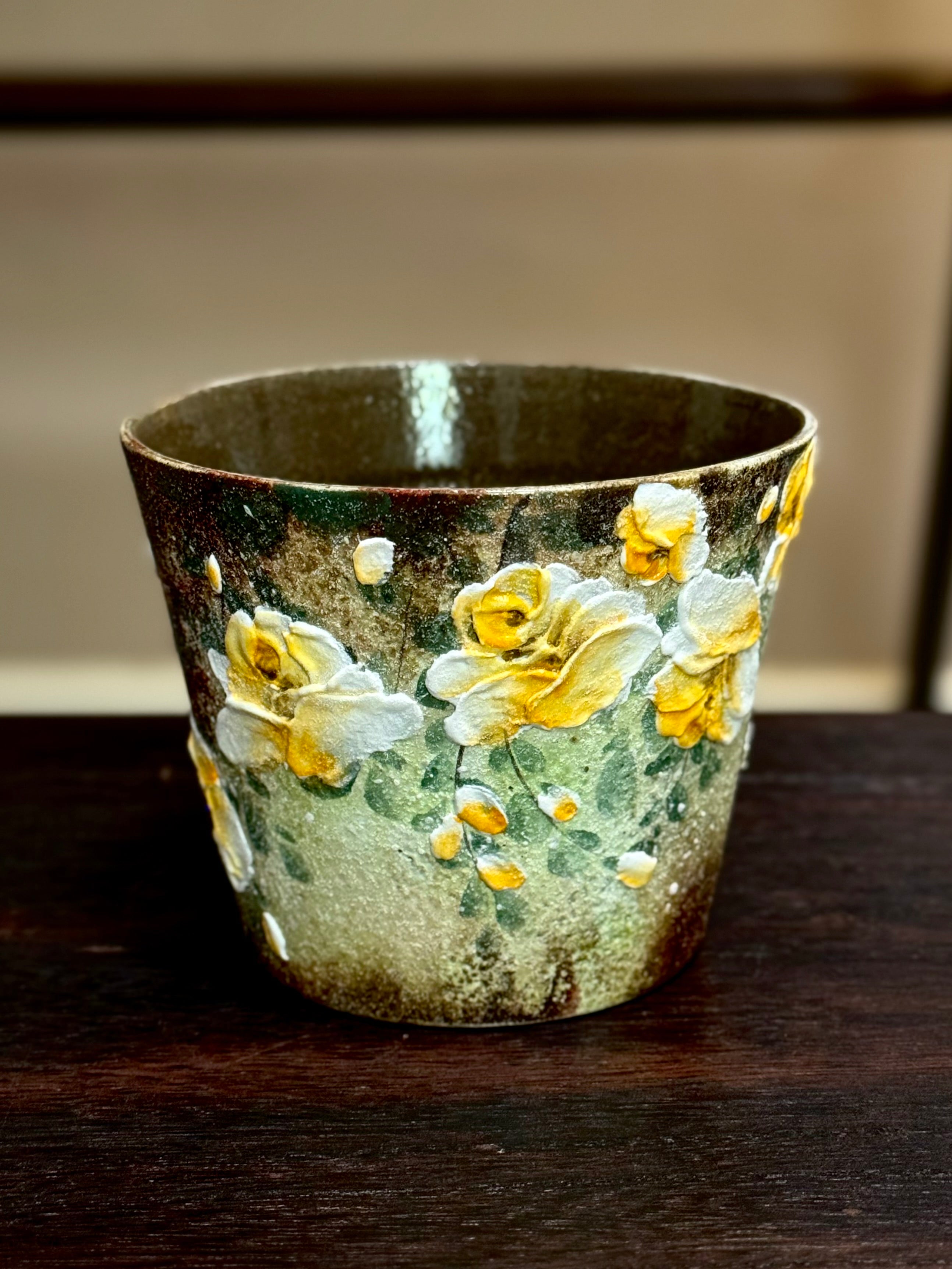 Vintage Green Background 3D Relief Yellow Flower Holding Mug