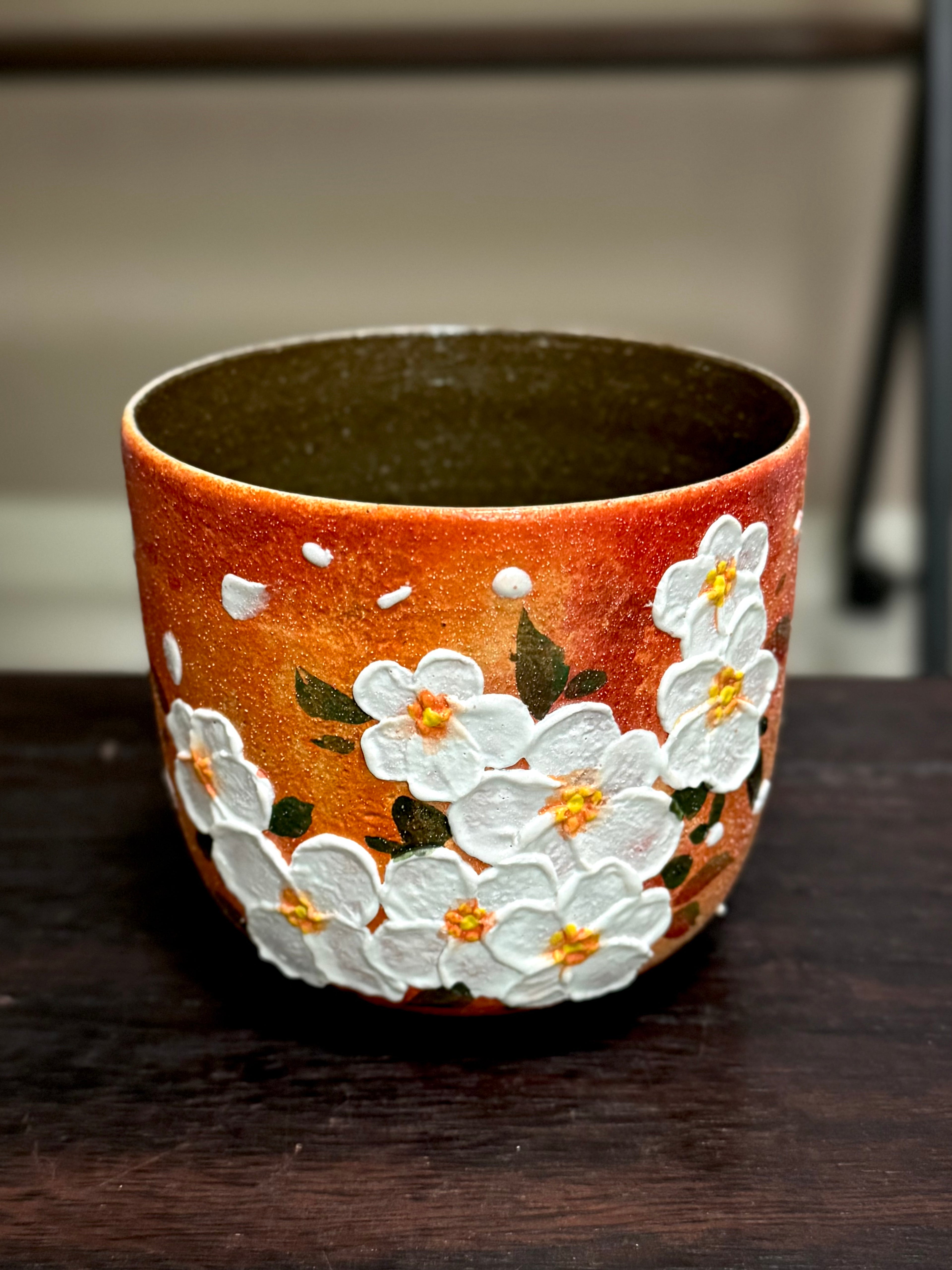 Oil Painting Style Orange Background White Flower 3D Relief Holding Mug