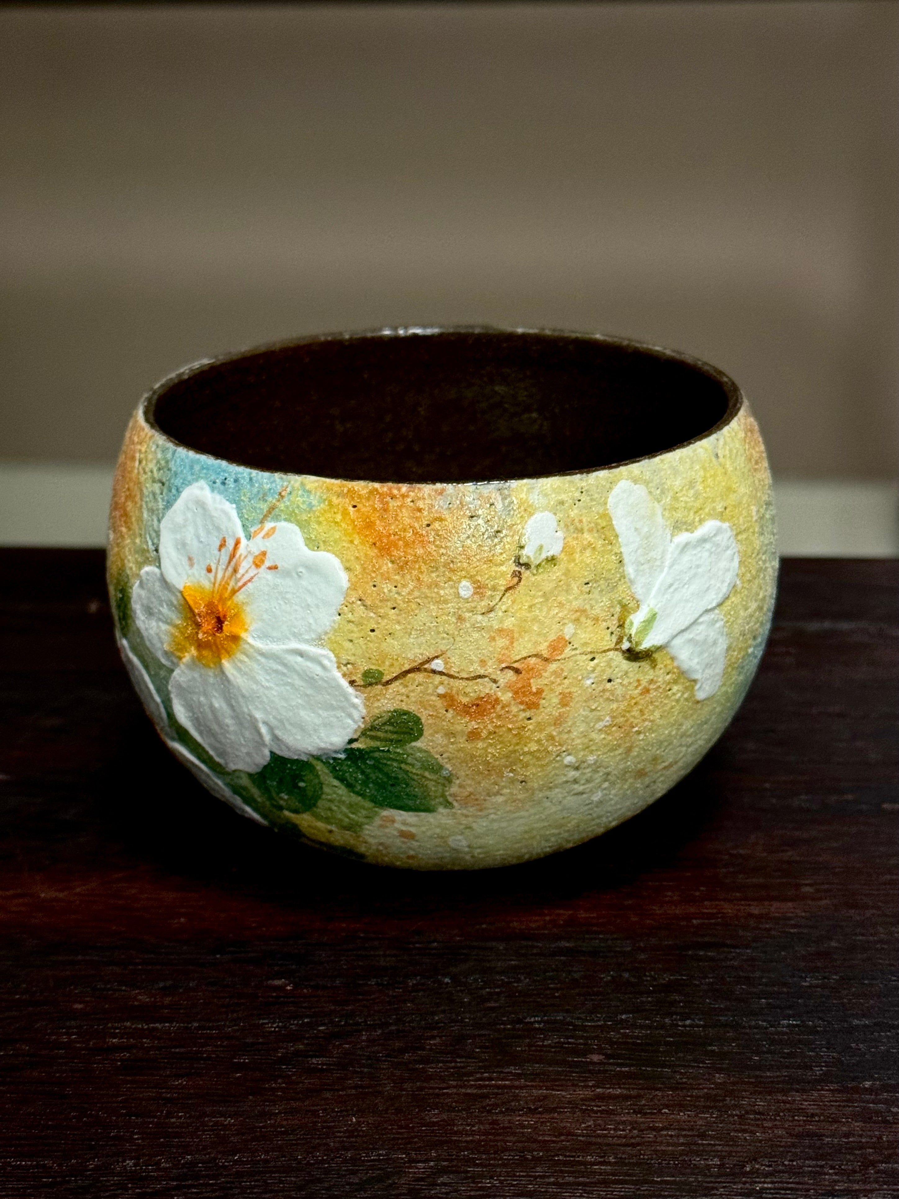 Oil Painting Yellow Background 3D Relief Floral Egg Cup