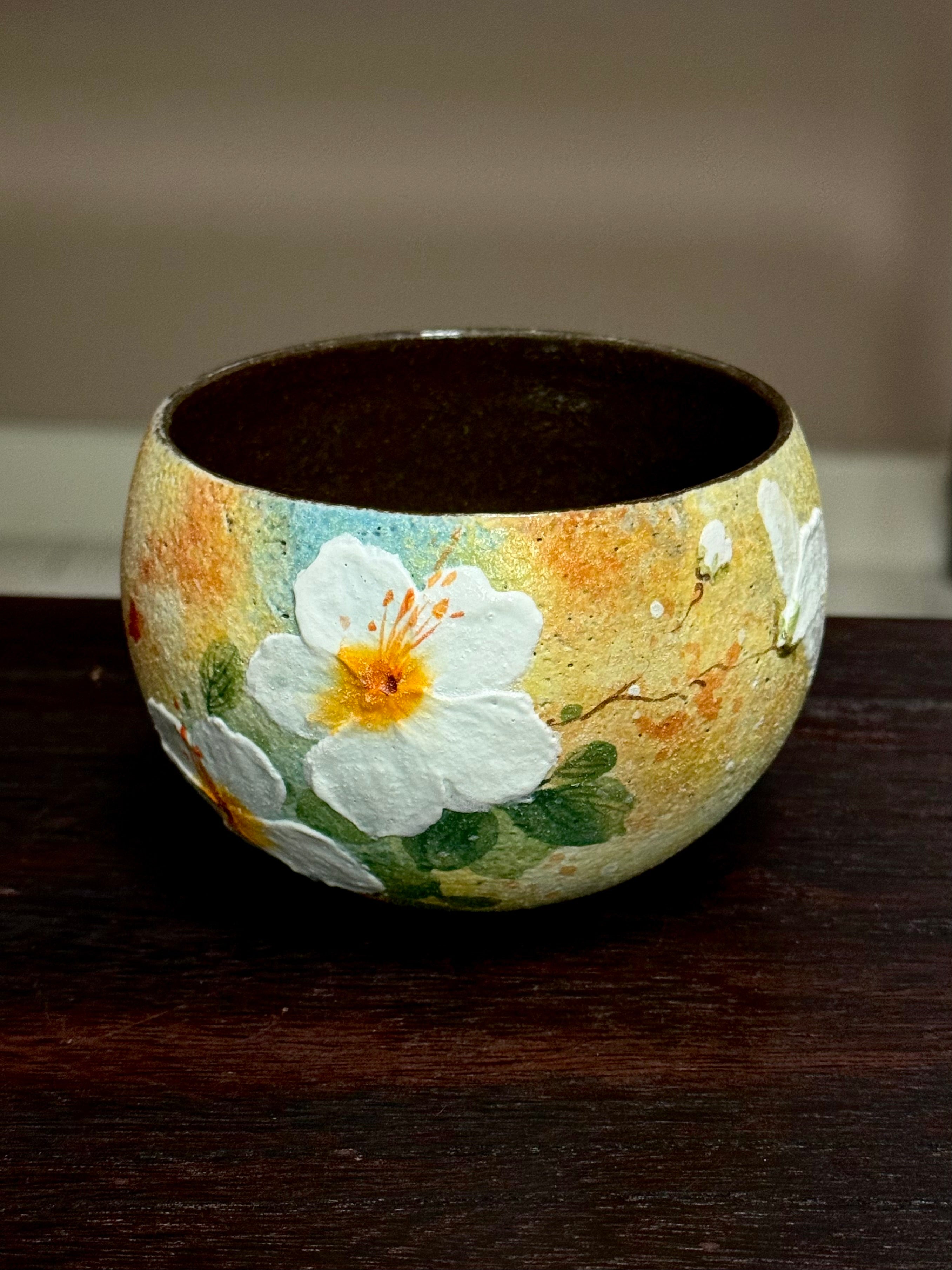 Oil Painting Yellow Background 3D Relief Floral Egg Cup