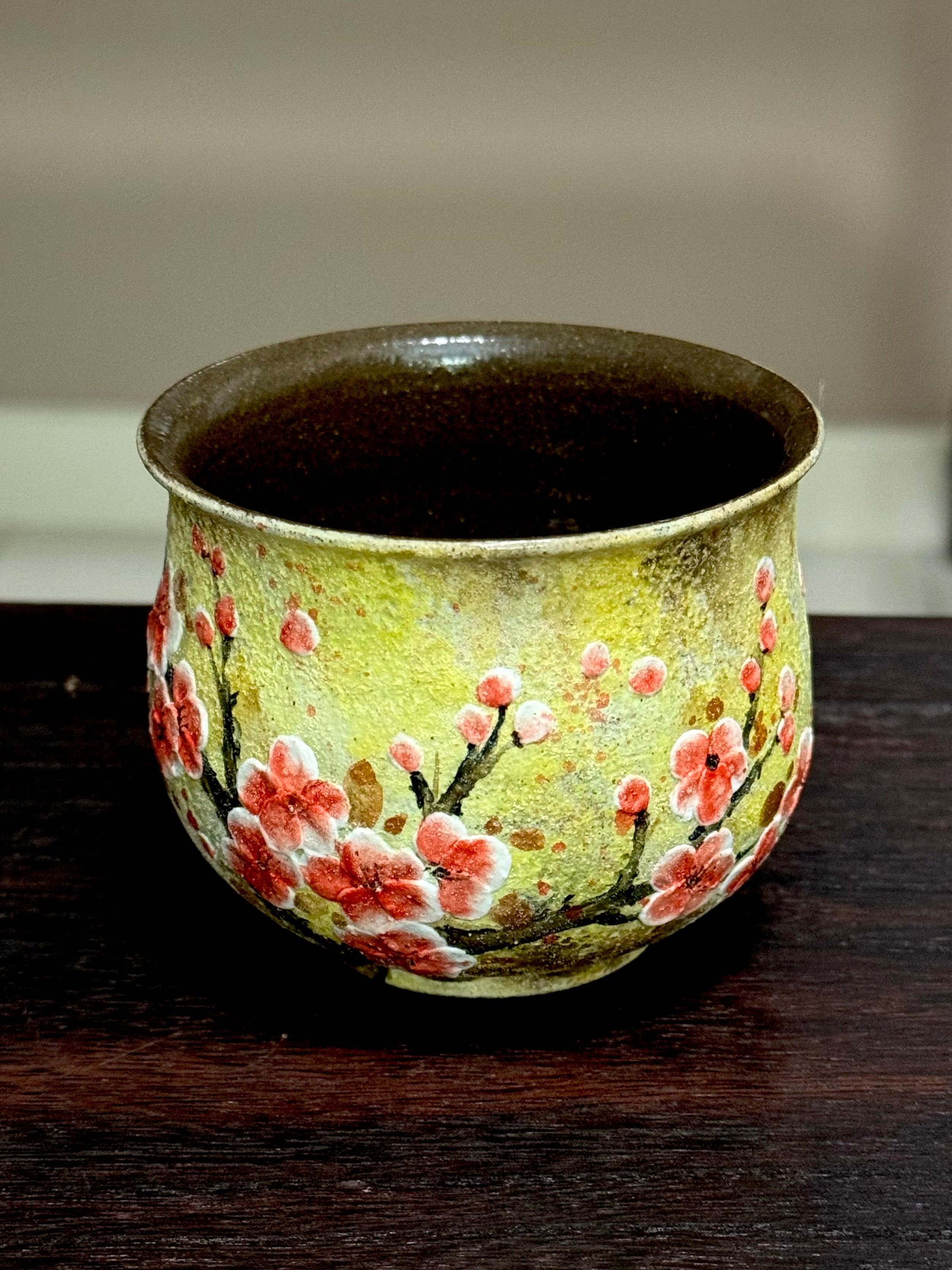 Vintage Oil Painting Yellow Background 3D Relief Red Plum Blossom Egg Cup