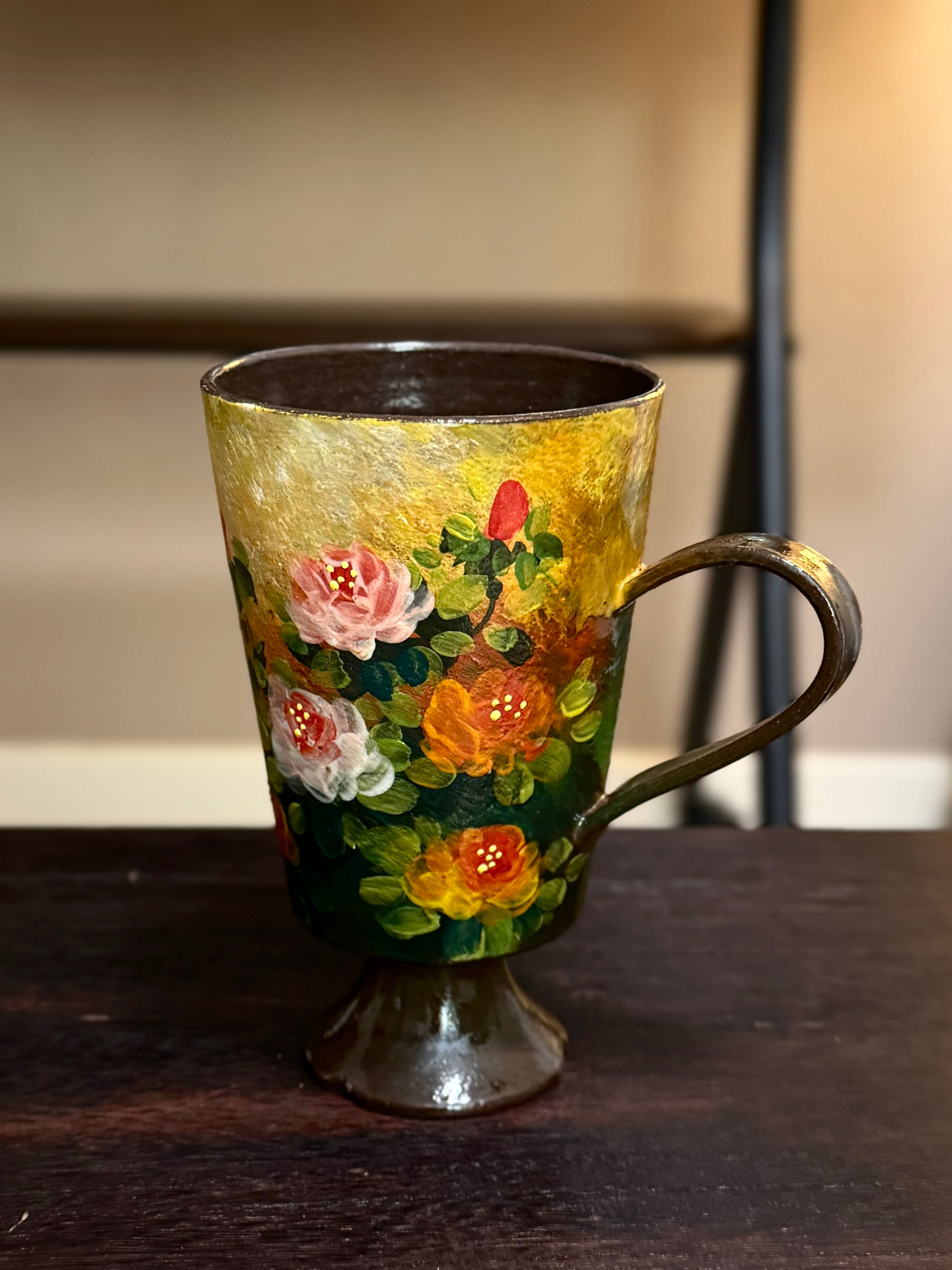 Vintage Oil Painting Style Yellow Background Rose Goblet