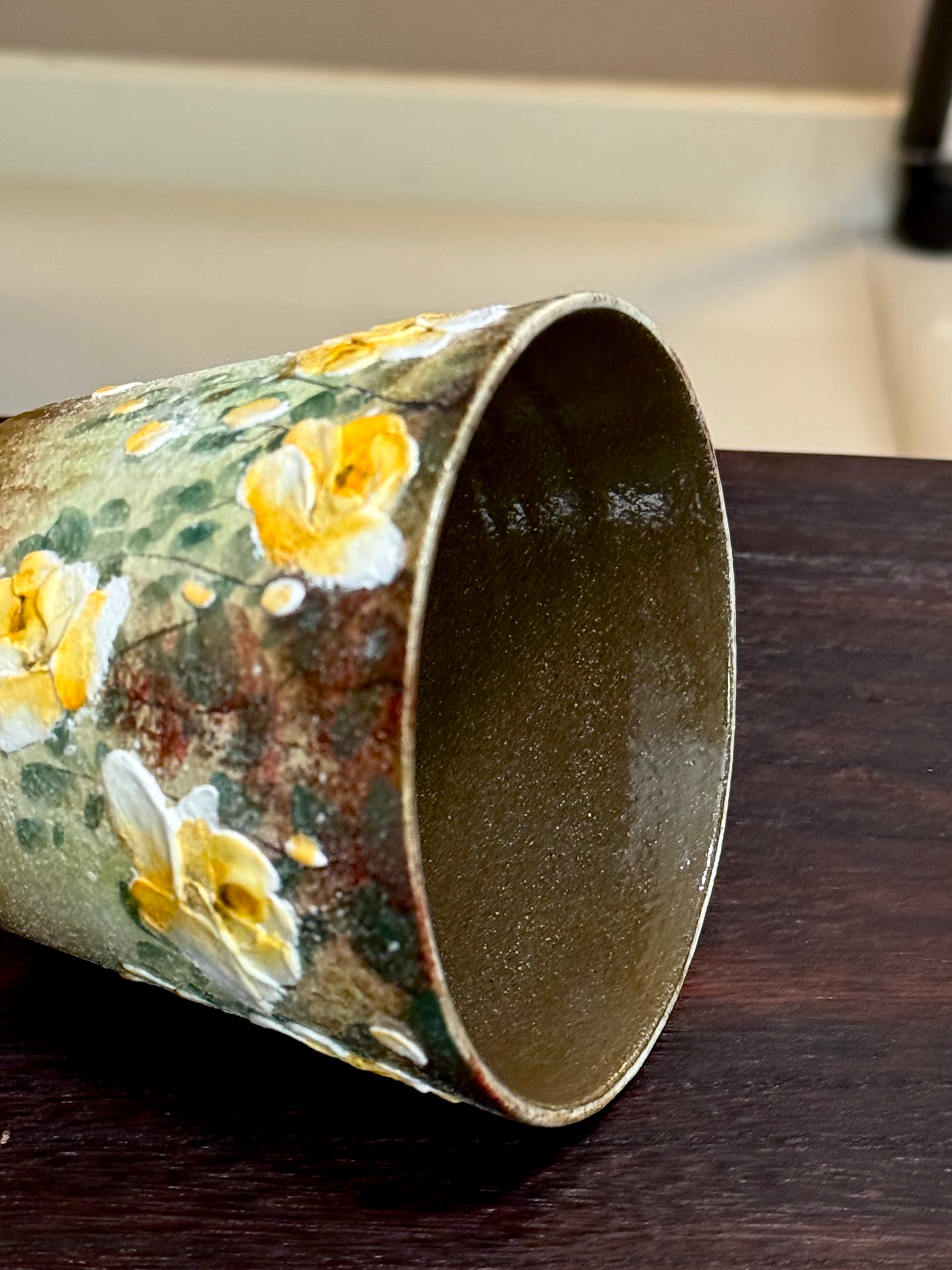 Vintage Green Background 3D Relief Yellow Flower Holding Mug