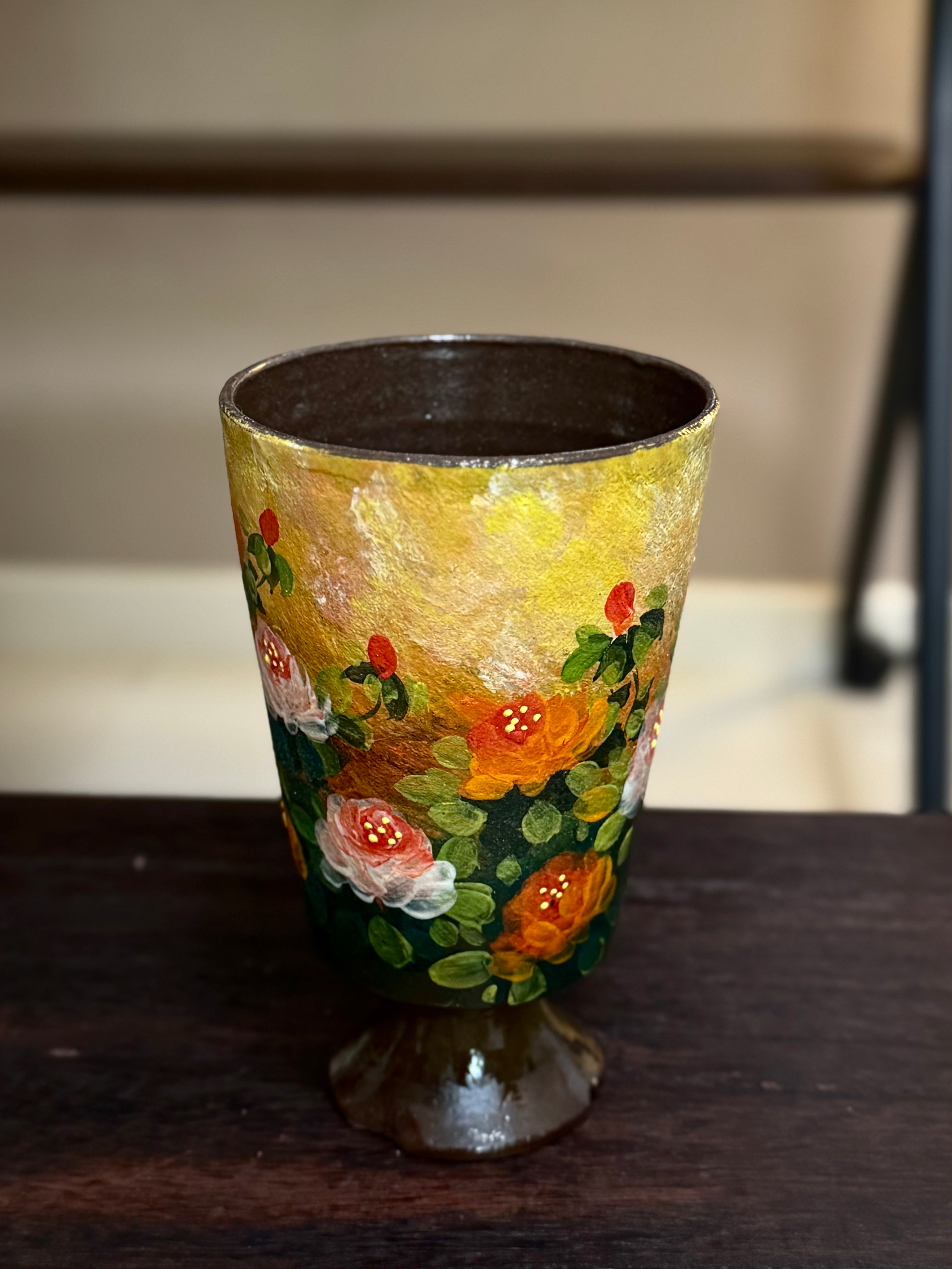 Vintage Oil Painting Style Yellow Background Rose Goblet