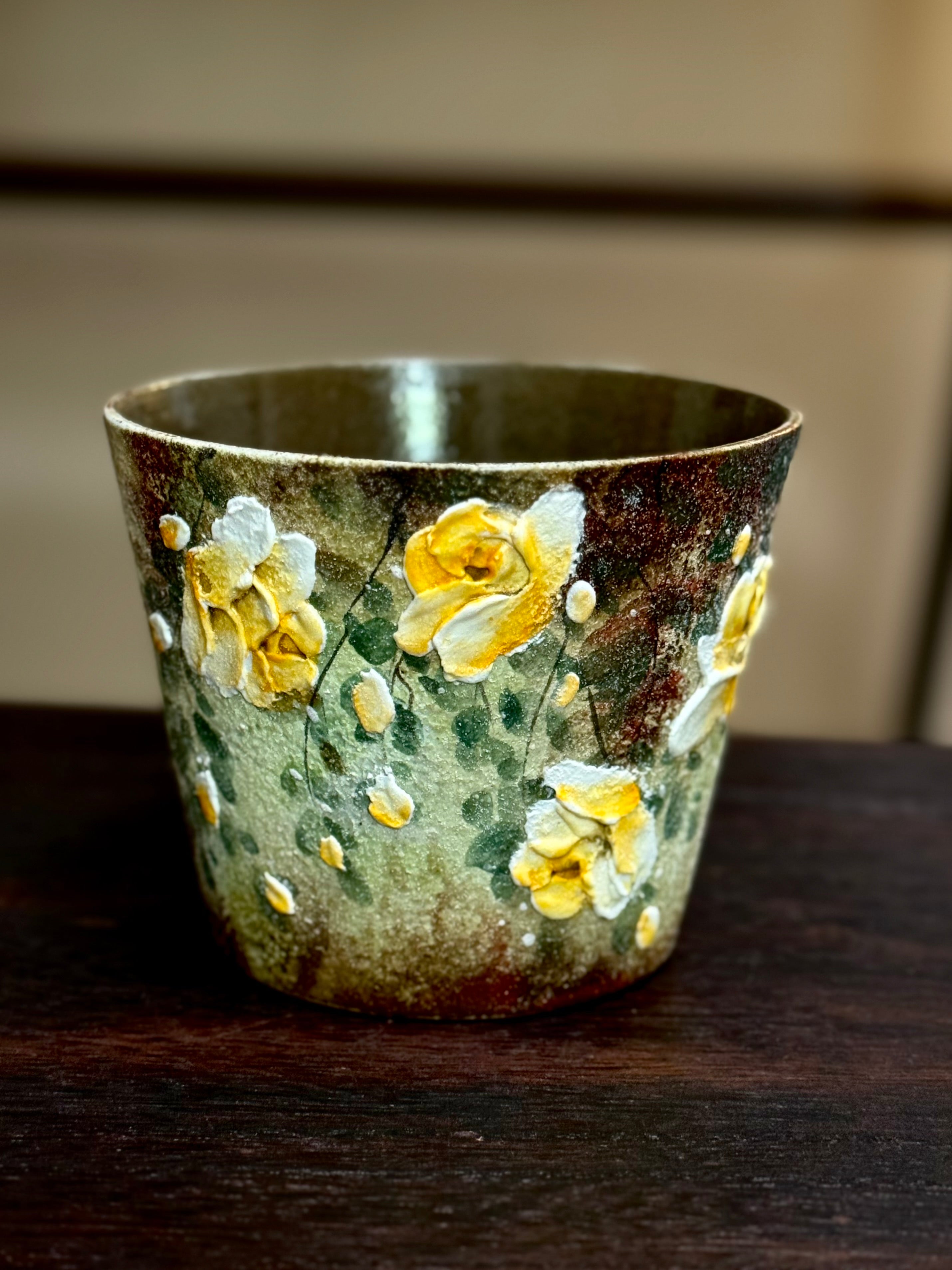Vintage Green Background 3D Relief Yellow Flower Holding Mug