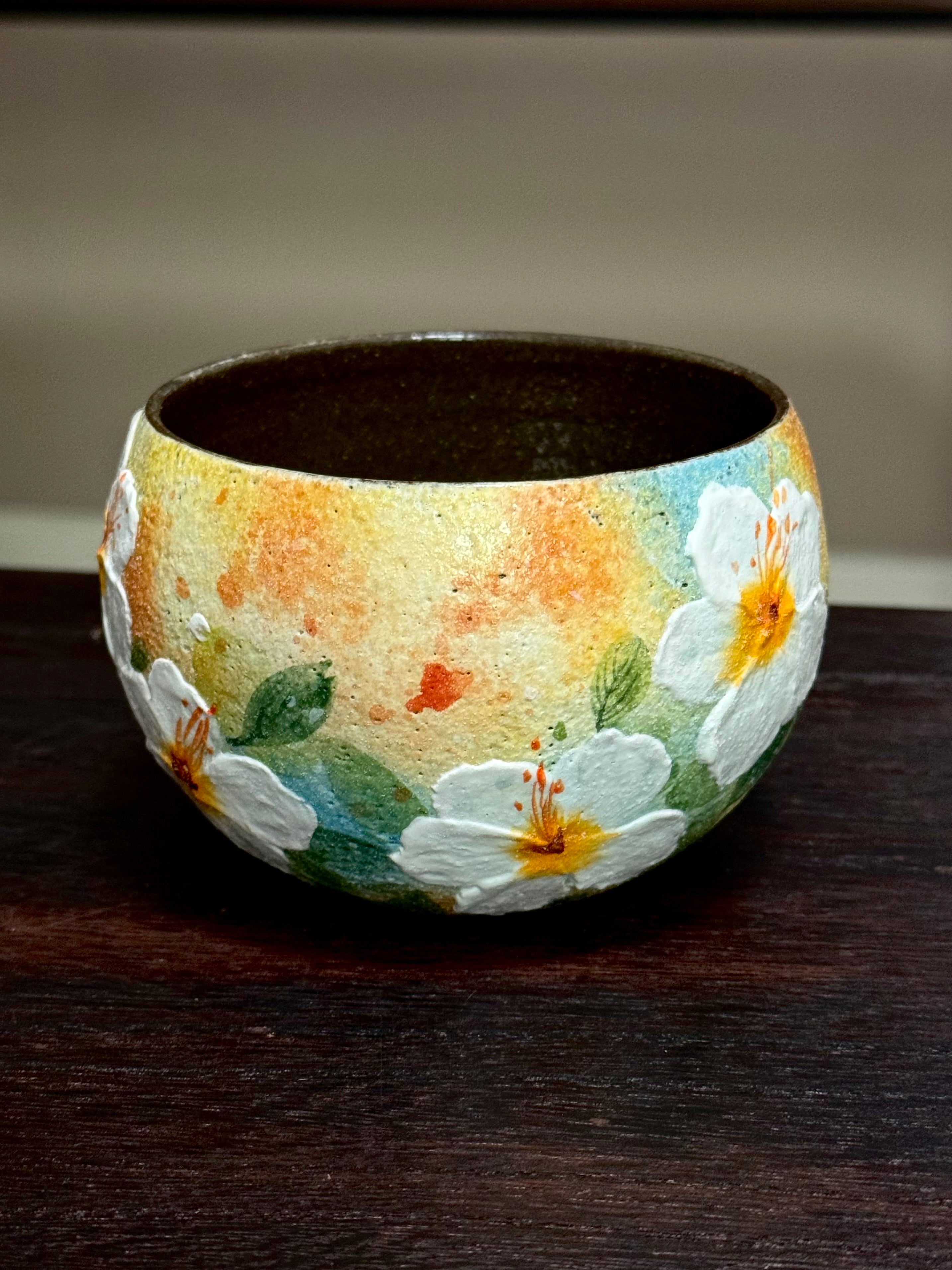 Oil Painting Yellow Background 3D Relief Floral Egg Cup