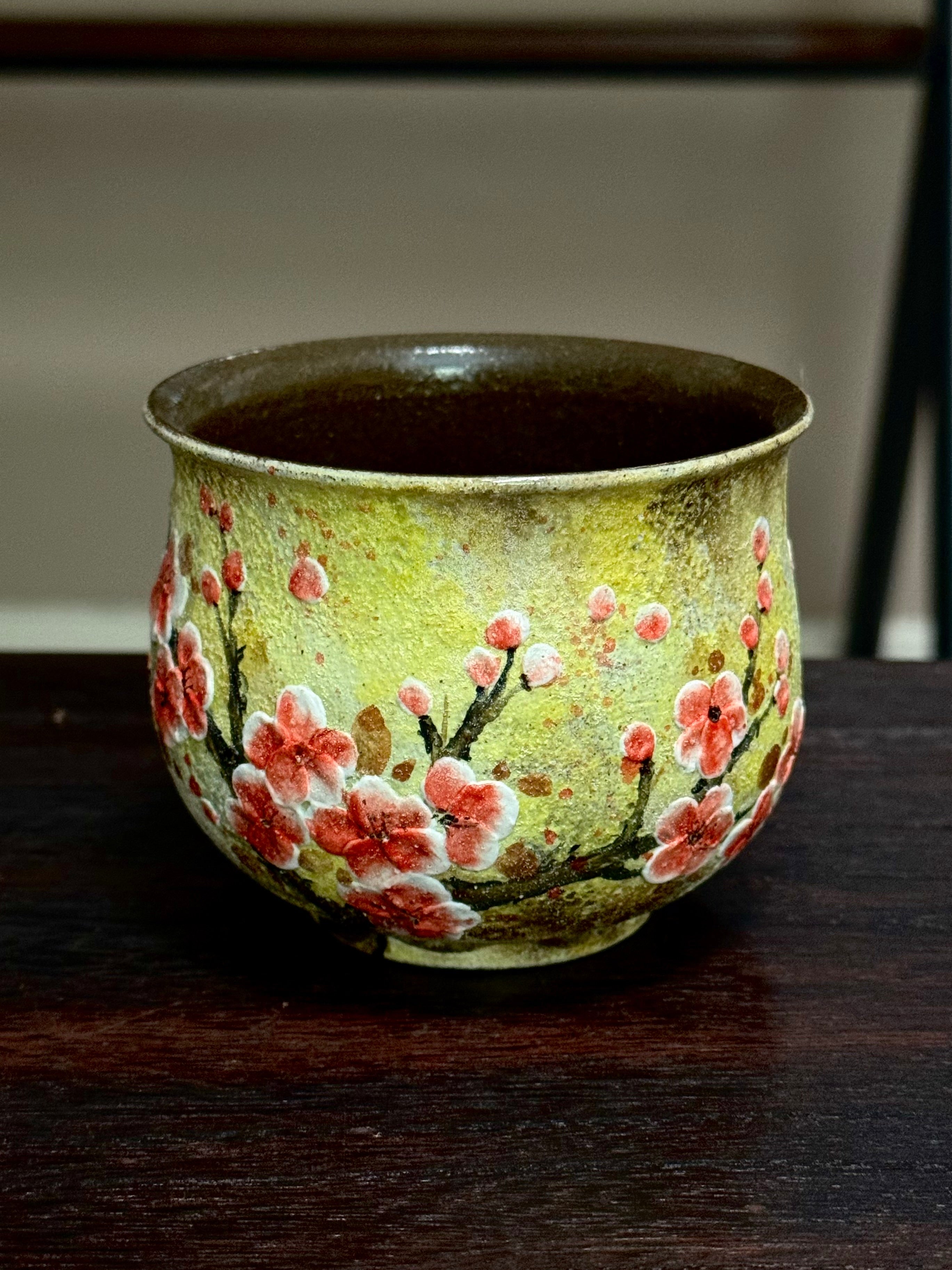 Vintage Oil Painting Yellow Background 3D Relief Red Plum Blossom Egg Cup